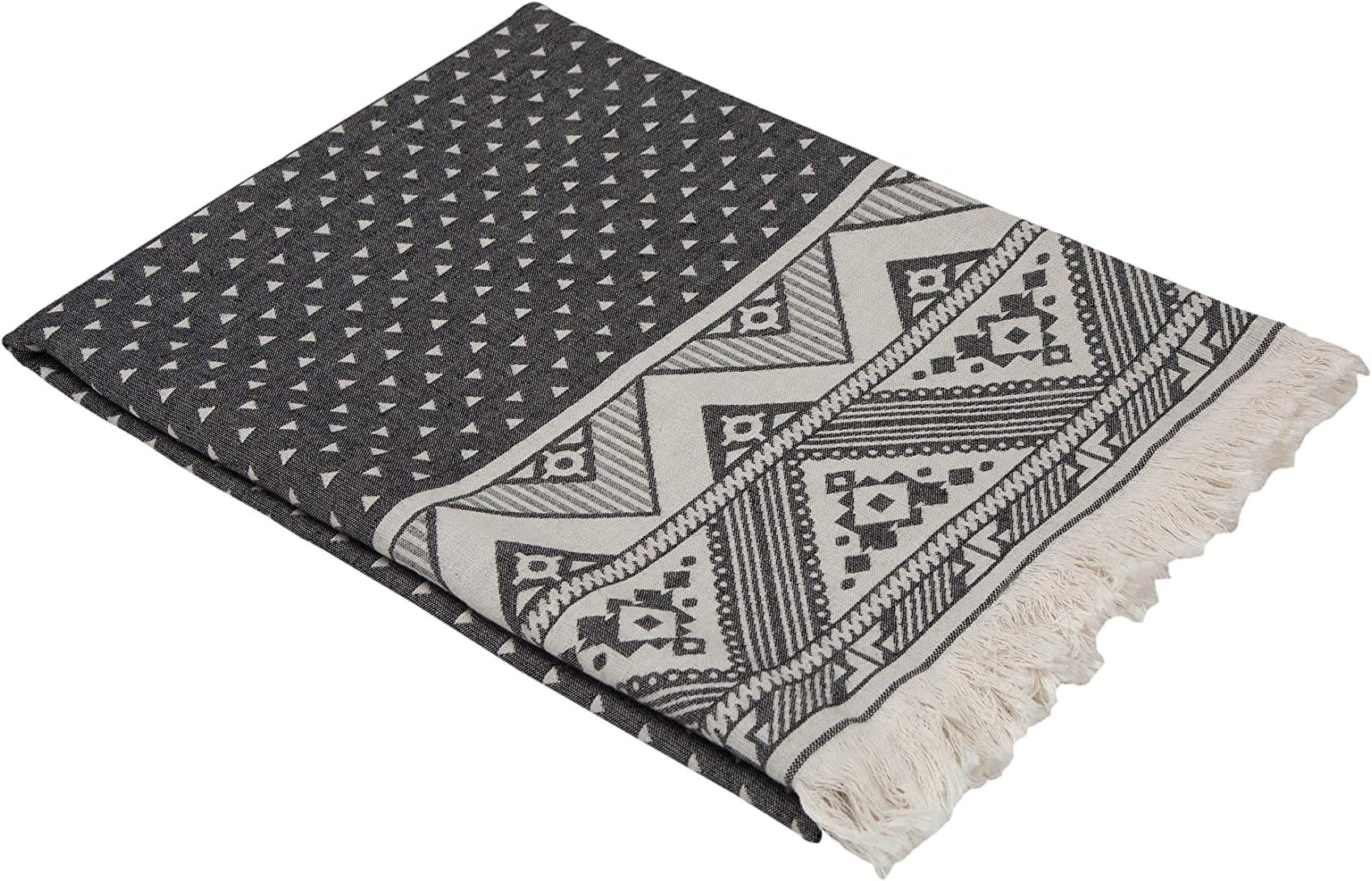 InfuseZen Thin Turkish Towel with Reversible Aztec Design, Decorative Peshtemal for The Bath or Beach, Fouta Hammam Towel with Inverse Colors on Backside, Triangle Geometric Pattern (Black White)