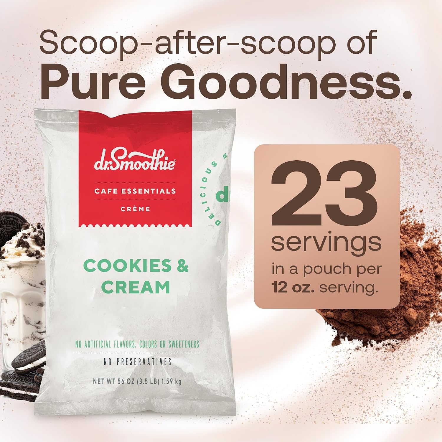 Café Essentials Cookies & Cream Frappe Mix – No Artificial Colors, Flavors, or Sweeteners – Shelf Stable – Caffeine-Free – Great for Hot, Iced, & Frozen Frappes (3.5 lb Bag, 23 Servings)