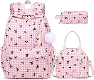 3PCS Corduroy Girls Backpack w/ Lunch Box & Pencil Bag (Pink Checkered Bow)