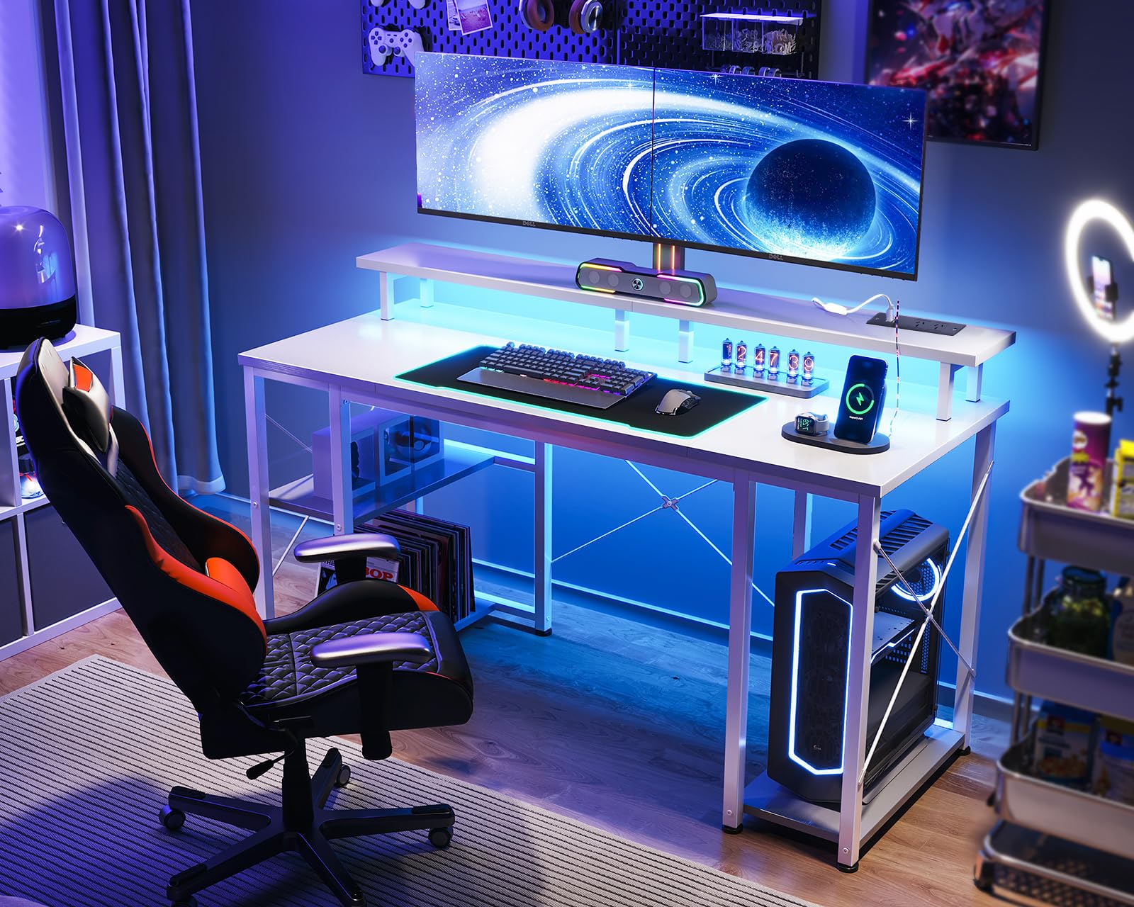 ODK Gaming Desk with RGB Light Strip & Built-in Socket,120 * 50 * 86.8cm,Gaming Table 10 Color Adjustable, Computer Office Desk with Large Monitor Stand, Multifunktional,White - White1