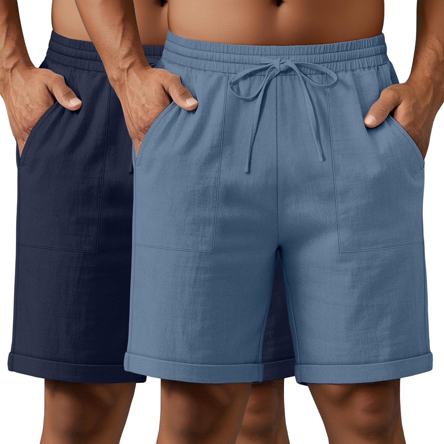 Neer 2 Pack Men's Cotton Linen Blend Bermuda Flat Front Shorts, 7" Casual Elastic Waist Drawstring Summer Shorts with Pockets