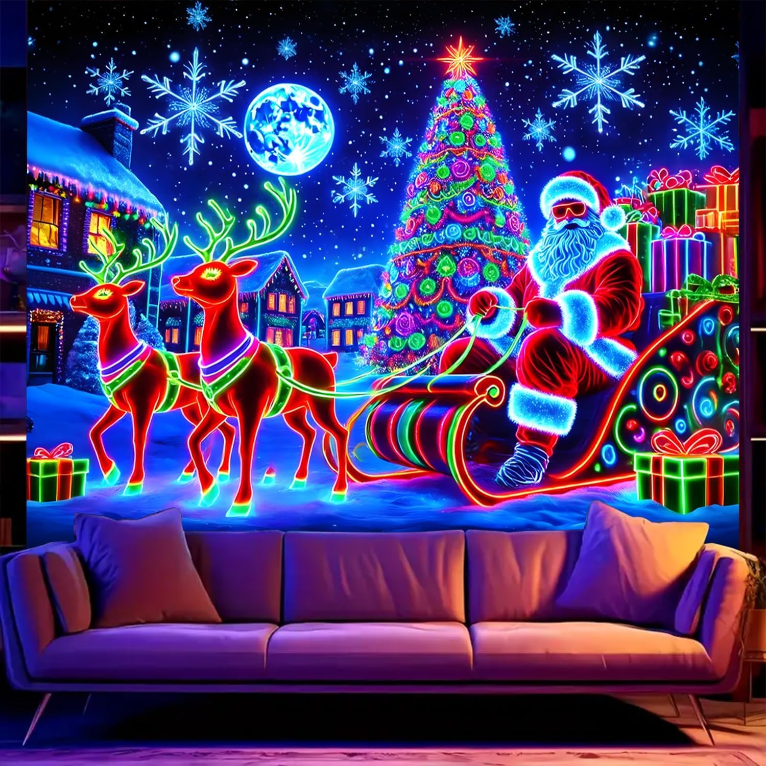 BSFHH Black Light Tapestry – Merry Christmas UV Reactive Glow in the Dark Wall Hanging, Santa Claus Christmas Tree Snowman Elk Home Decoration for Party Bedroom or Dormitory (Elk, 90"x70", Unframed)