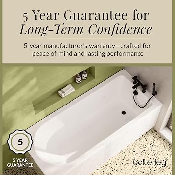 Balterley 1500 x 700mm Round Shower Bath with Leg Set, Straight Single Ended Gloss White Soaking Shower Bath, Acrylic Baths for Bathrooms, Round End Soaking Bathtub, Adjustable Leg Set (White)
