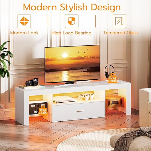 Miniatura 4 de HOOBRO Soporte de TV LED con tomas de corriente para TV de 65 pulgadas, centro de entretenimiento para videojuegos con estantes de vidrio y cajón