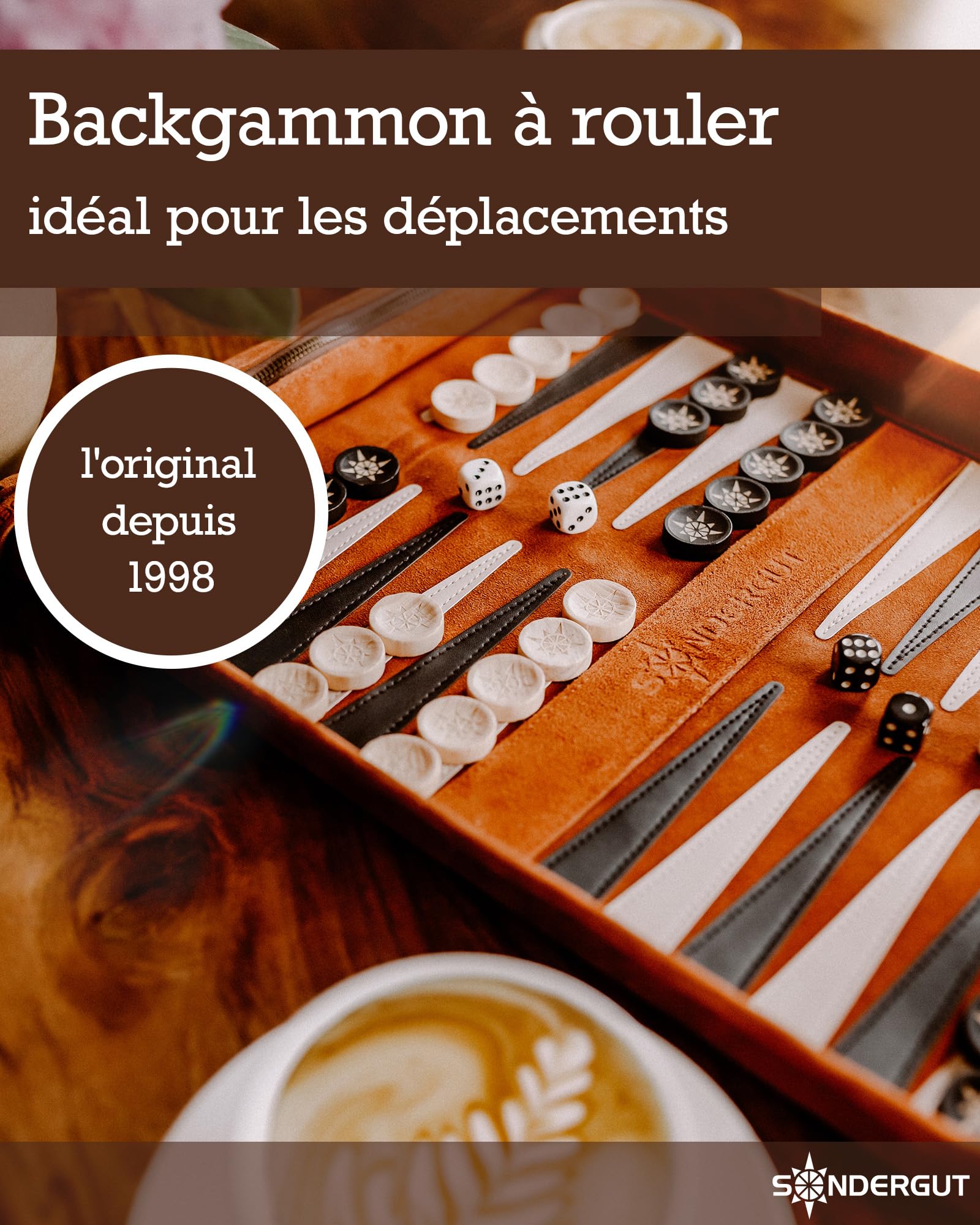 Sondergut Backgammon Deluxe - en Cuir véritable - pour 2 - Cadeau de qualité supérieure - Jeu de société - Jeu de stratégie - avec Pierres et dés en Bois