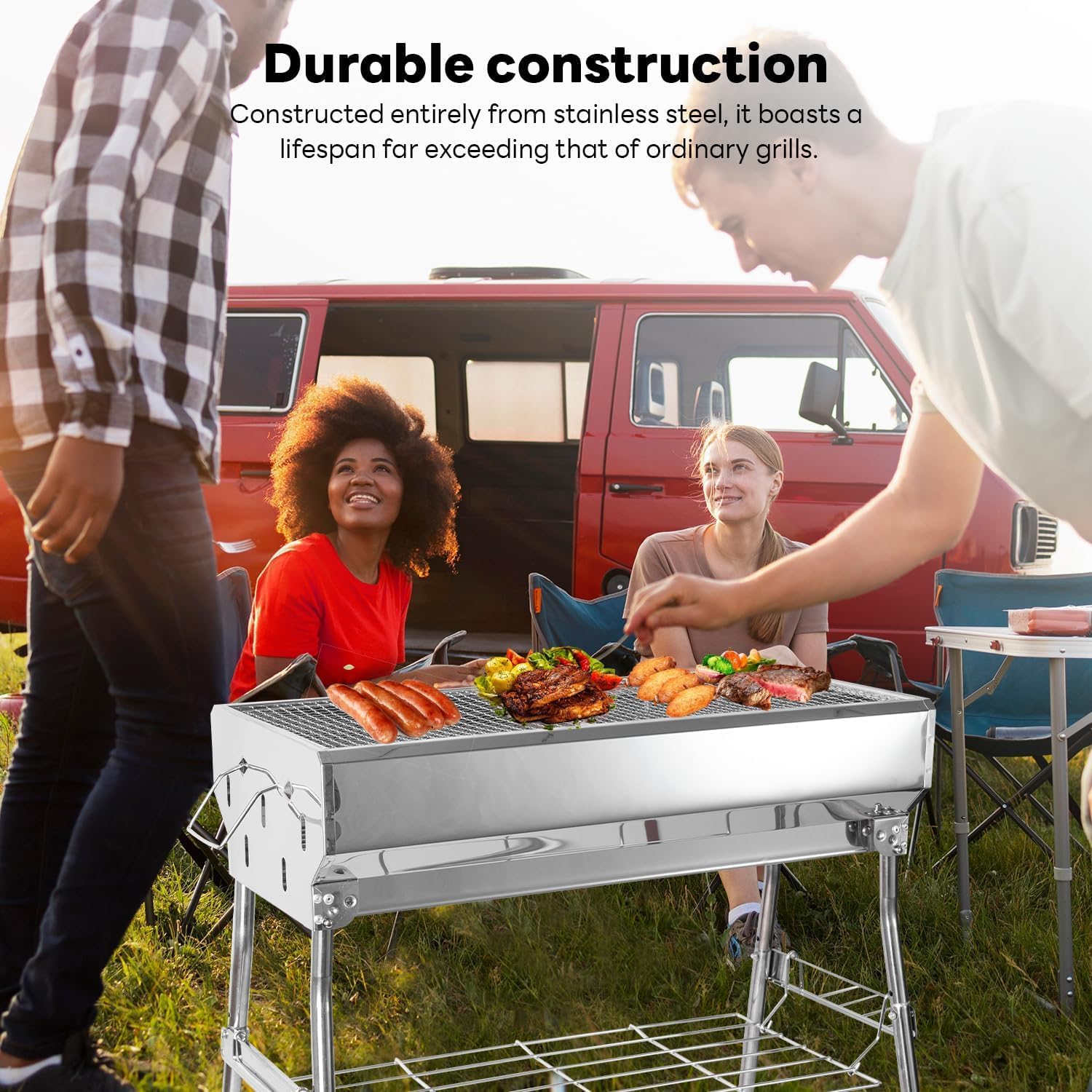 portable charcoal grill: Foldable charcoal grill - stainless steel Outdoor Barbecue Grill, suitable for camping and backyard grilling (small)