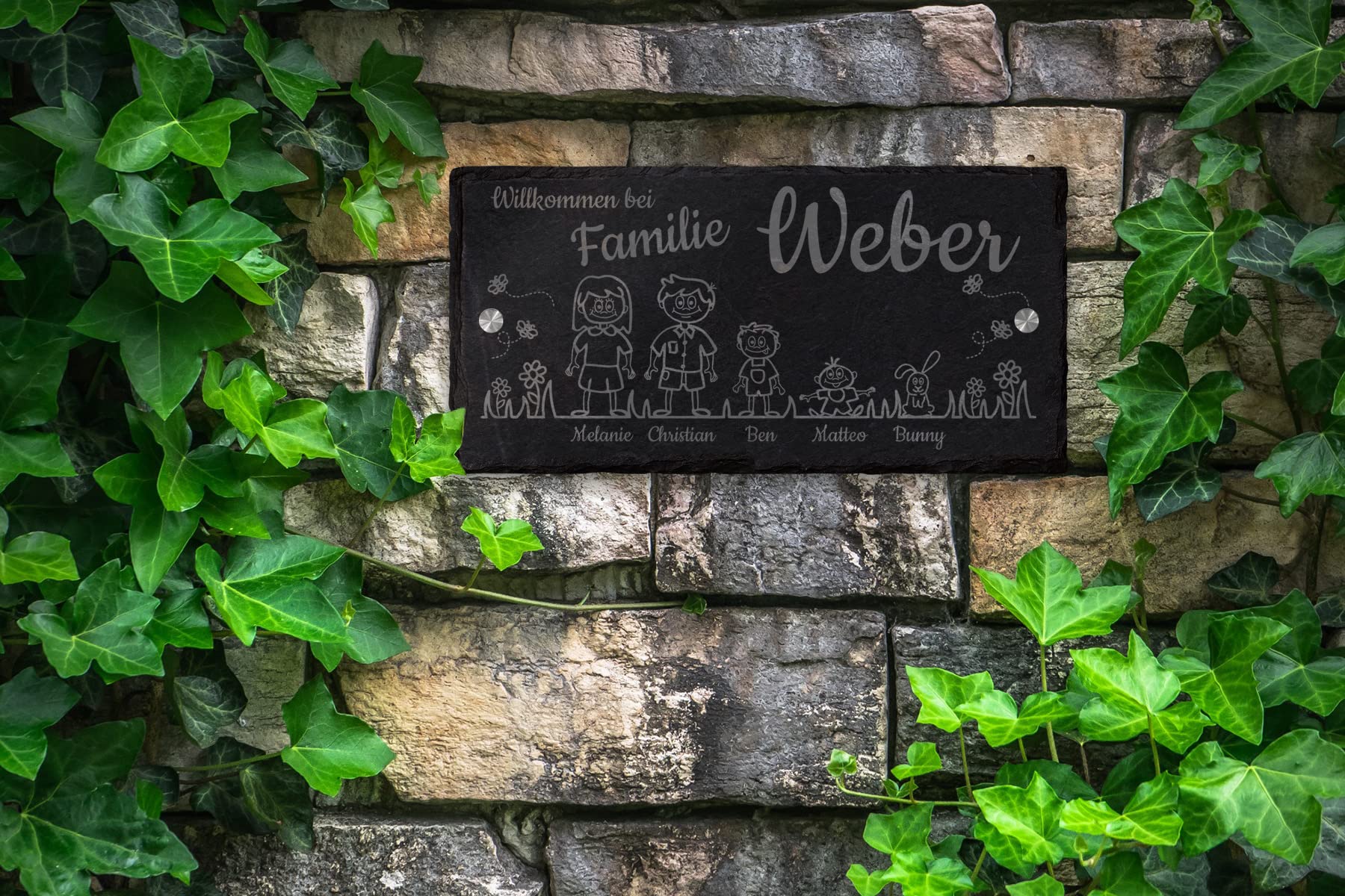 mtb more energy Graviertes Familienschild Türschild Namenschild Familie - frei wähl- und positionierbare Familienmitglieder, Haustiere, Dekoelemente - 30x15 cm - Laser Gravur auf Schiefer