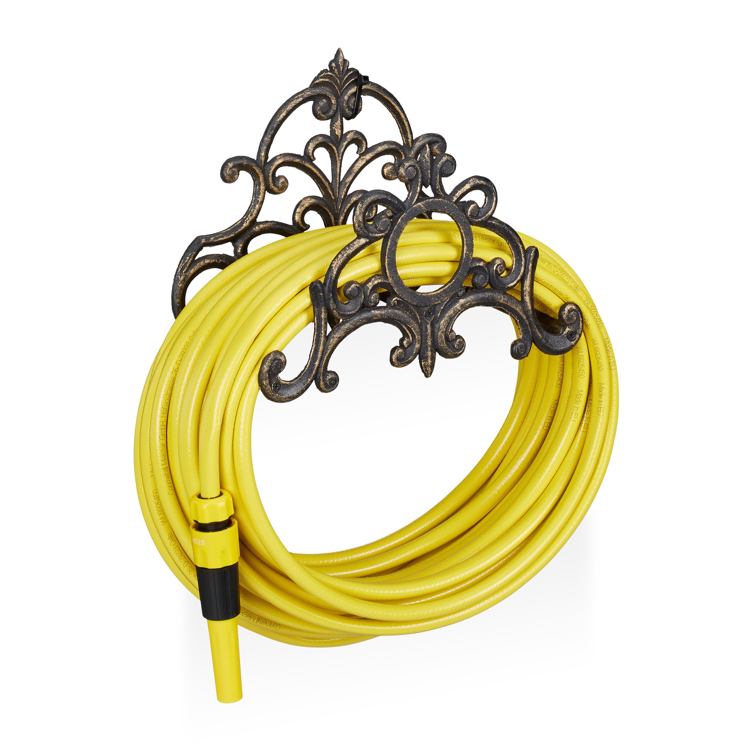 Relaxdays Enrollador para mangueras, Soporte para la pared, Vintage, Hierro fundido, 24 x 31,5 x 15 cm, Bronce