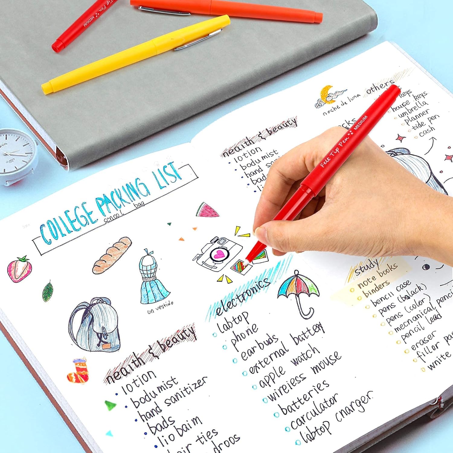 Lelix Felt Tip Pens, 30 Colors & 15 Black Medium Point Felt Pens, Colored Pens For Journaling, Writing, Note Taking, Planner Coloring, Perfect for Art Office and School Supplies