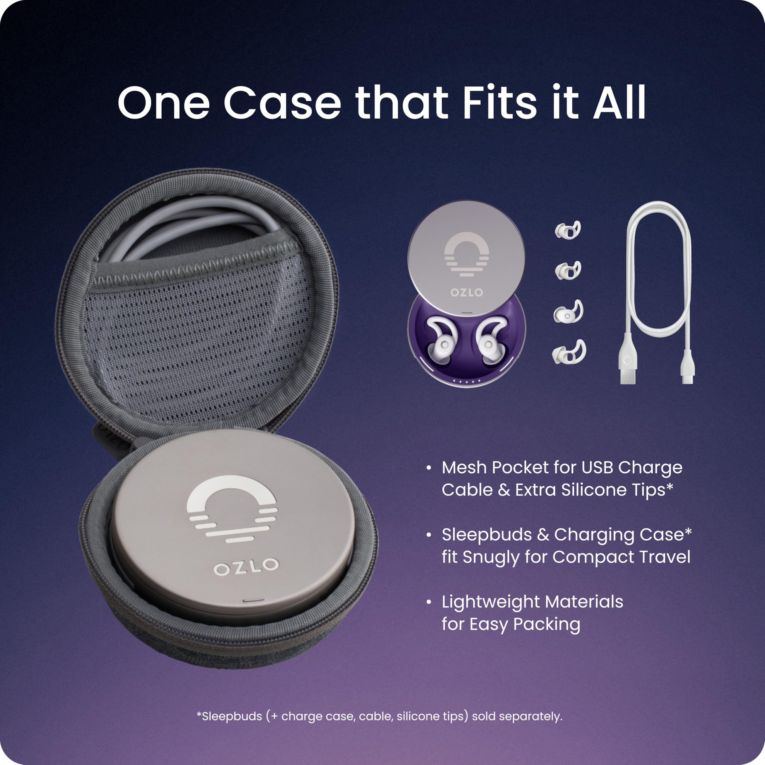 Ozlo Sleepbuds Étui de voyage | Étui rigide pour écouteurs de sommeil | Tissu tissé avec fermeture éclair | Poche en maille pour ranger le câble de charge | Gris