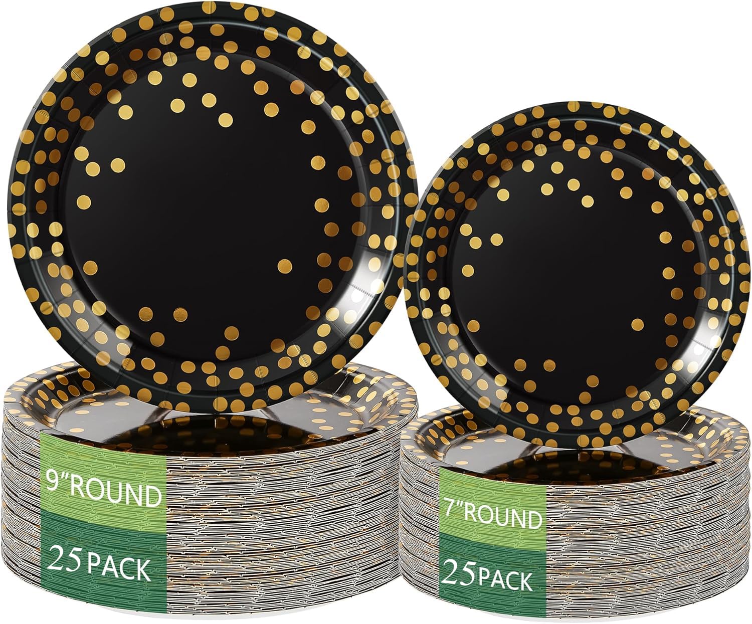 Birthdayparties Round Disposable Paper Plates for All Occasions Golden Dots Paper Plates - 50 Pack - 25 x 9 and 25 x 7 Foil Polka Dots Disposable Black and Gold Party Supplies