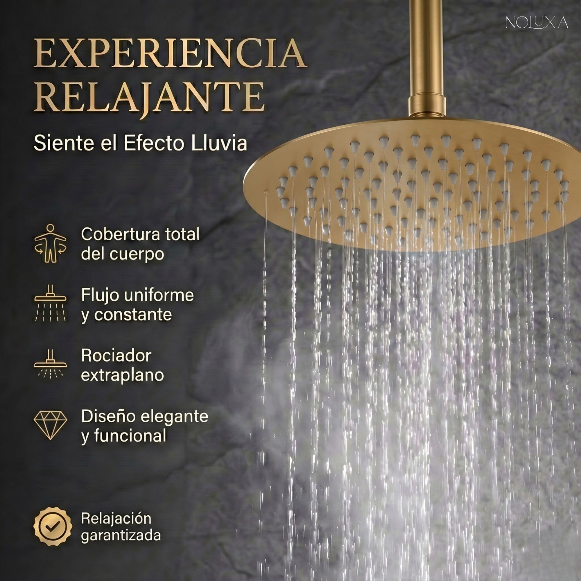 IMEX - Ducha Empotrada Termostática Dorada | Conjunto de Grifería Empotrado con Alcachofa y Rociador Antical Efecto Lluvia | Ducha Empotrada con Grifo en Latón y Acero Inox S.304 | Serie Tívoli