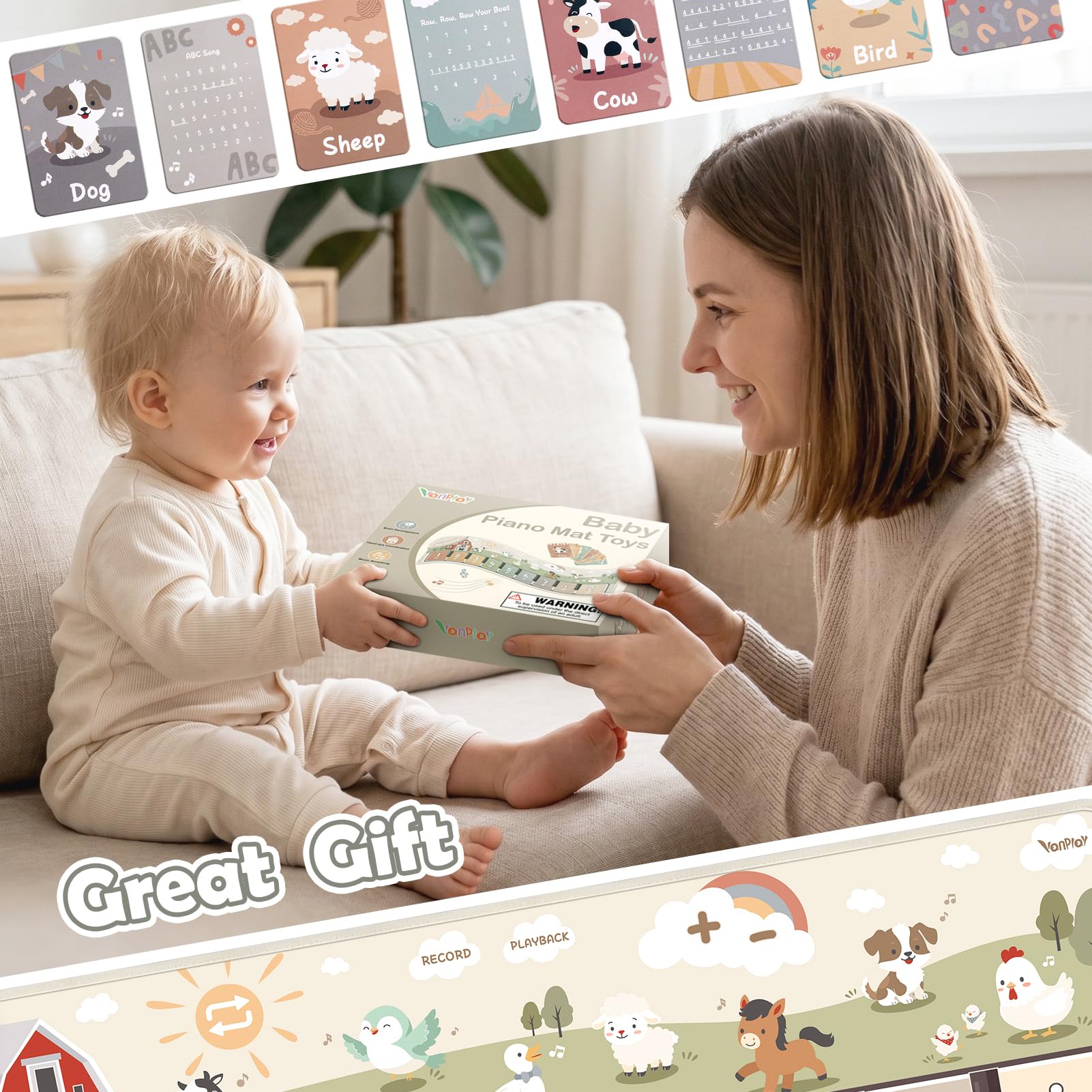 Baby Toys Musical Play Mat Toys for 1 2 3 Year Old Boys Girls, Piano Mat with 9 Piano Keyboard, Recording & Playback Function for Toddler Toys Baby Sensory Toys Baby Boy Girl Gifts