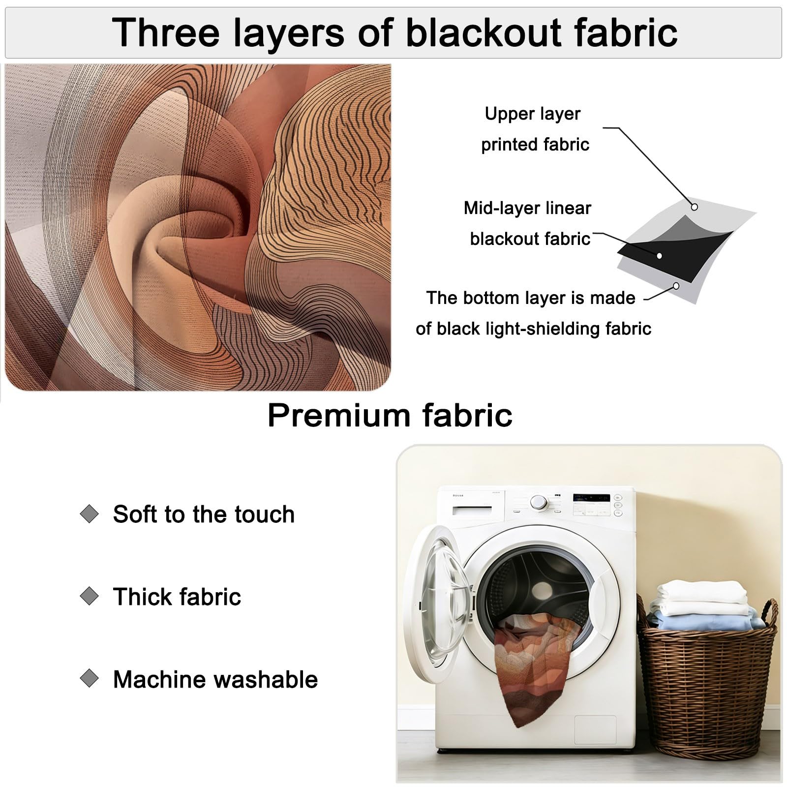Erdfarben 100% Verdunkelungsvorhänge mit Ösen H214 x B91.5 cm (2er Set), Minimalistisch Berge Sonne Linien, Absolut Blickdichte Thermo-Gardinen gegen Hitze für Schlafzimmer und Babyzimmer