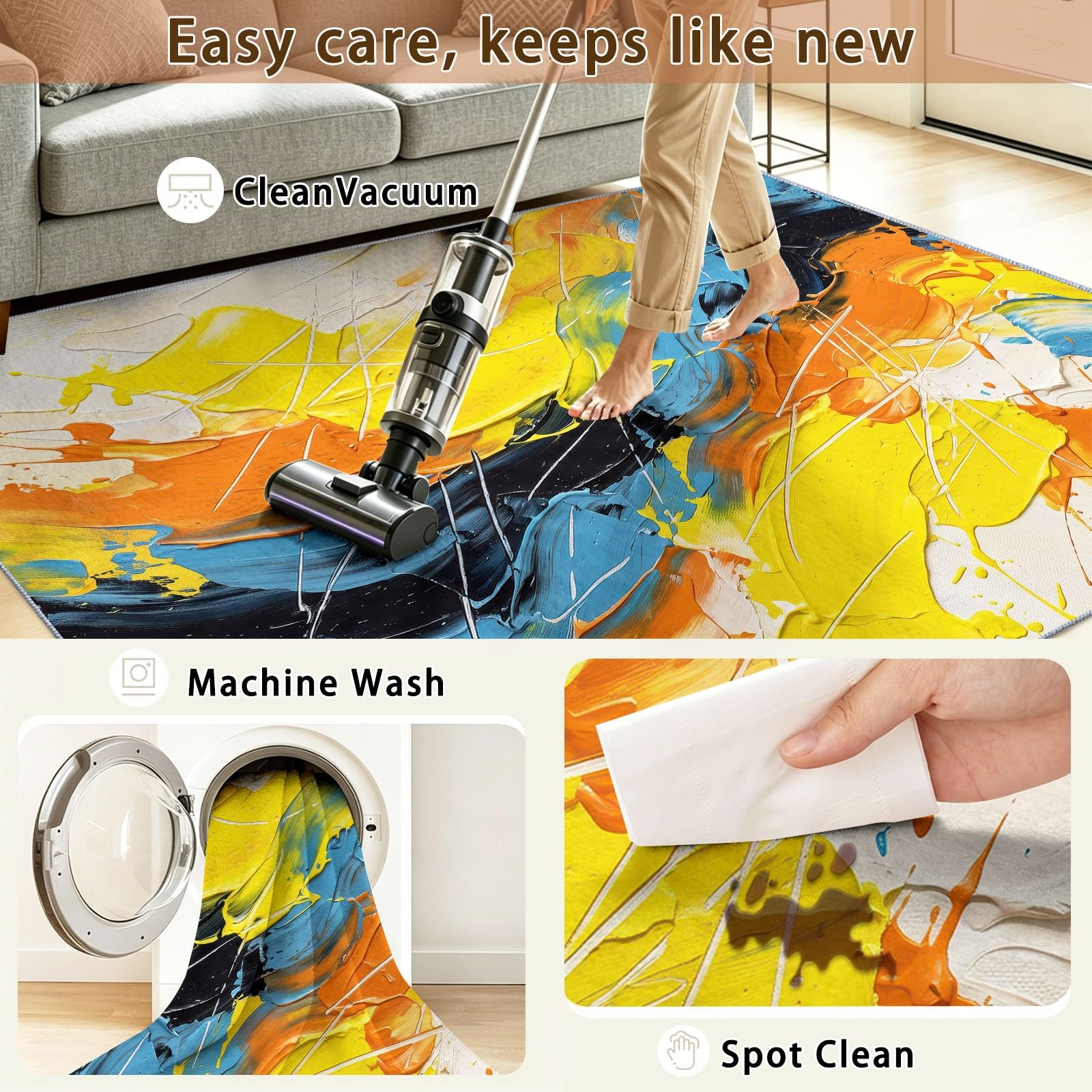 Abstrakt Impasto Ölgemälde Spachtelspuren Schlafzimmer Teppich, 160 x 230 cm Teppich Modern Waschbarer Kurzflor Weich rutschfest Rückseite für Wohnzimmer Esszimmer Badezimmer Küchen Büro, Mehrfarbig