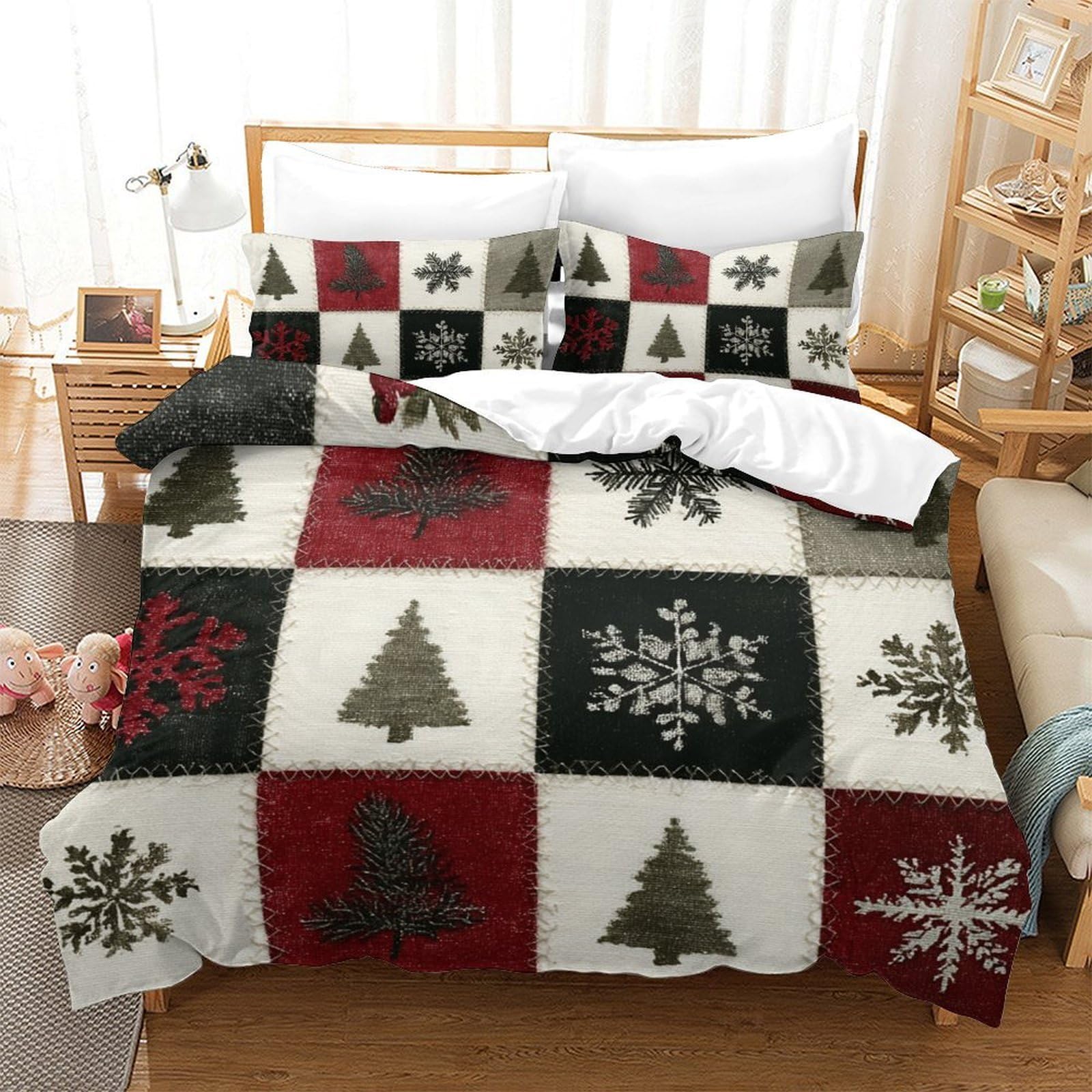 Housse de couette sapin de Noël King 220x240cm en microfibre patchwork