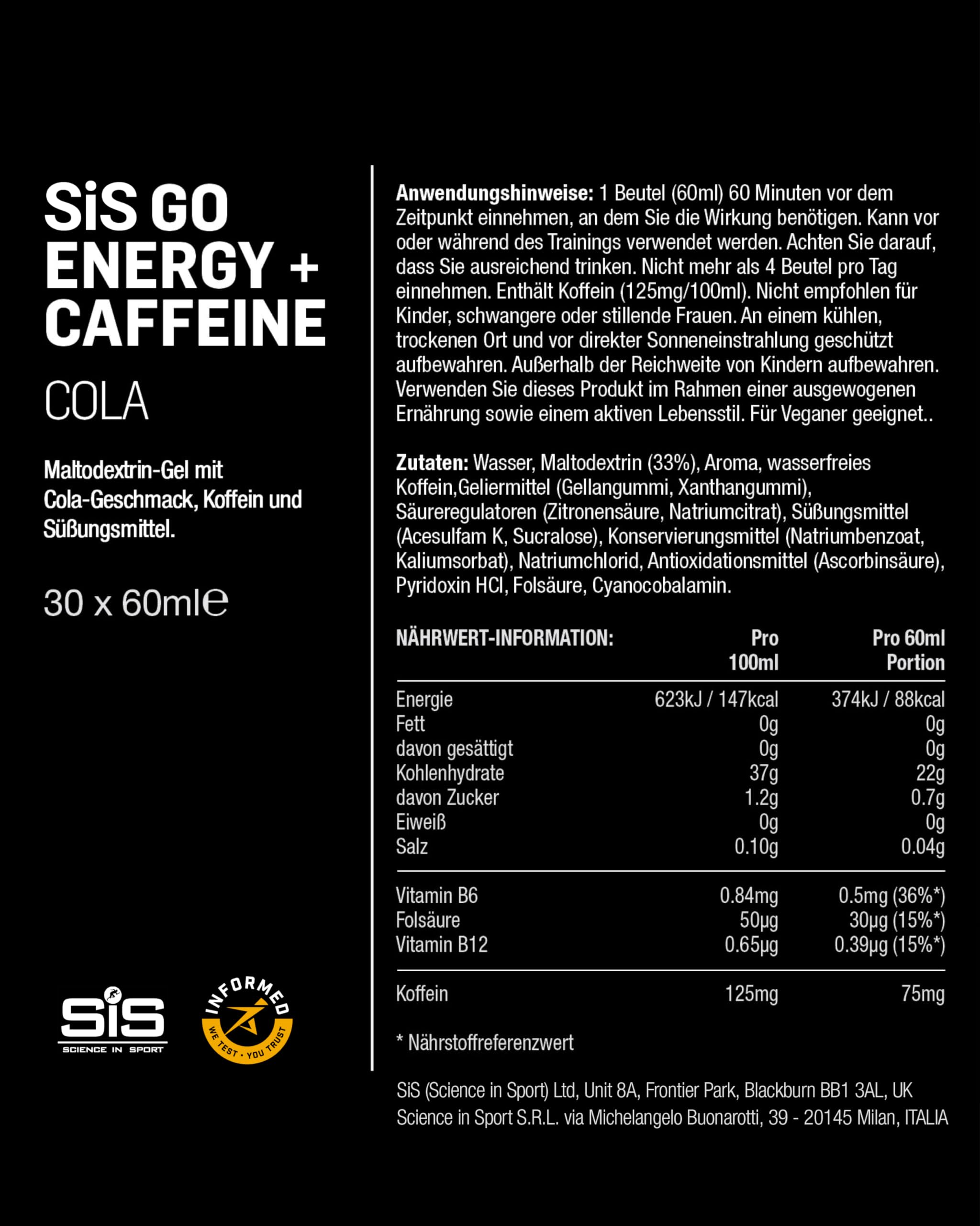 Science in Sport GO Energy Gel + Koffein Gel 30 x 60ml Cola, Vegan - Gel mit 150mg Koffein & 22g Kohlenhydrate, Energie für Ausdauersportler