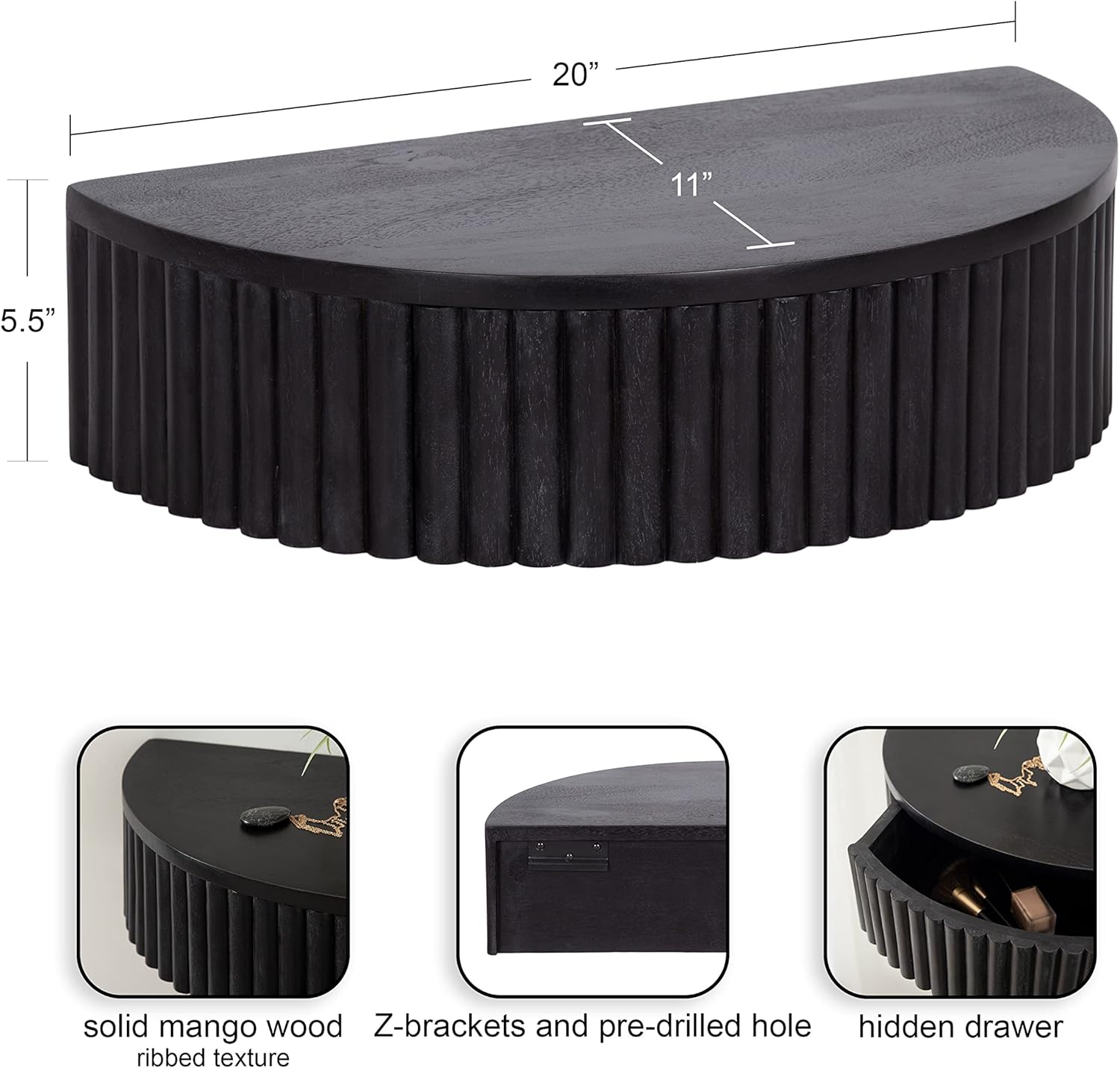 Kate and Laurel Reid Ribbed Wooden Floating Side Table, 20 x 11 x 6, Black, Modern Wood Floating Nightstand with Drawer for Extra Storage and Added Functionality