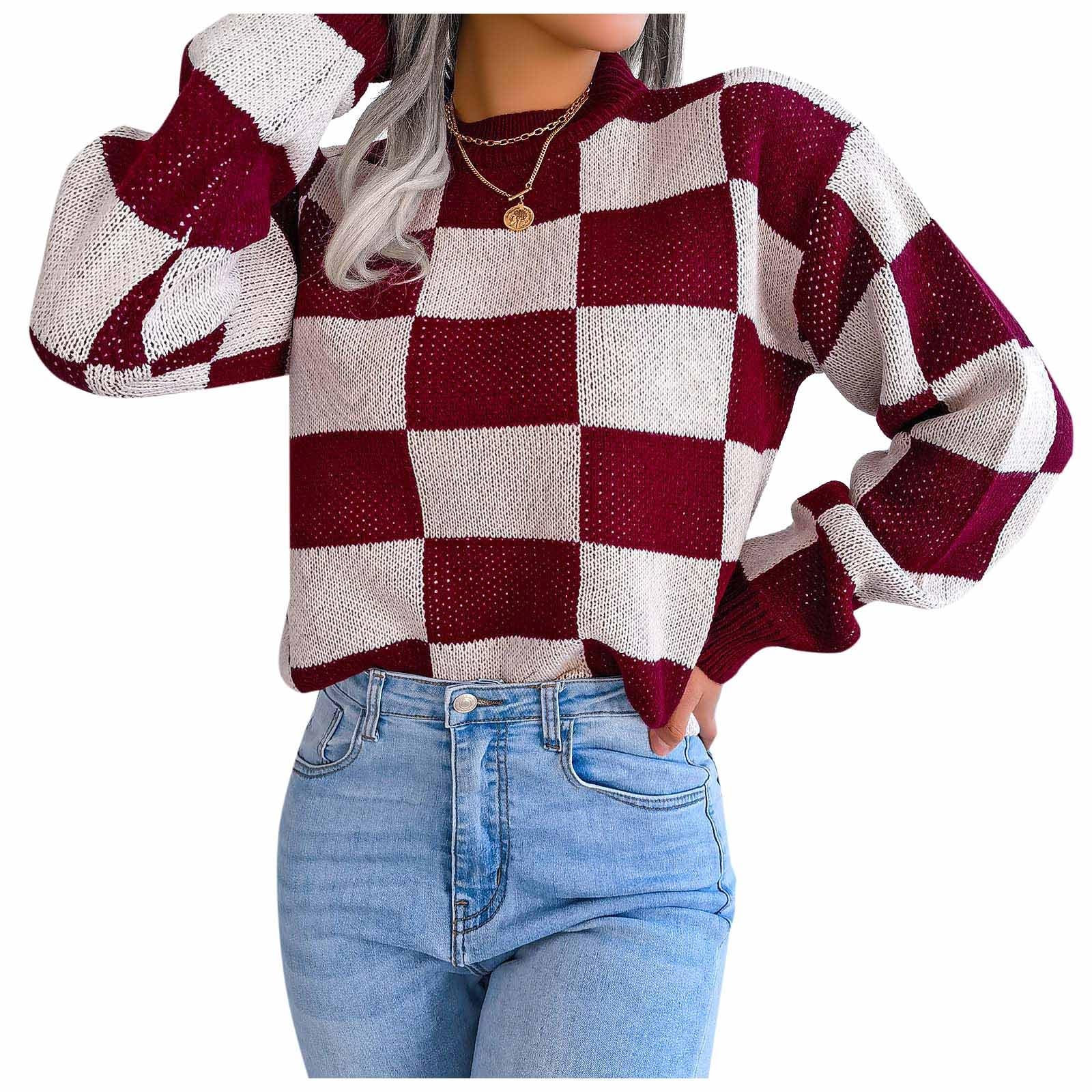 Women Color Block Checkered Sweater Crew Neck Long Sleeve Y2K Plaid Knitted Pullover Tops Vintage Preppy Style Knitwear