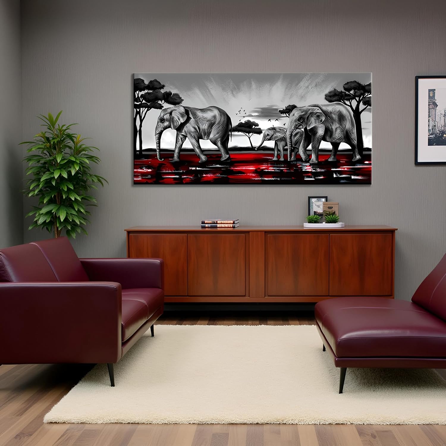 OuElegent Burgundy Red Wall Decor Large Elephant Canvas Wall Art African Elephant Family Safari Painting Picture Grey Red Post Artwork for Living Room Bedroom Office Wall Decor 24x48 Inch
