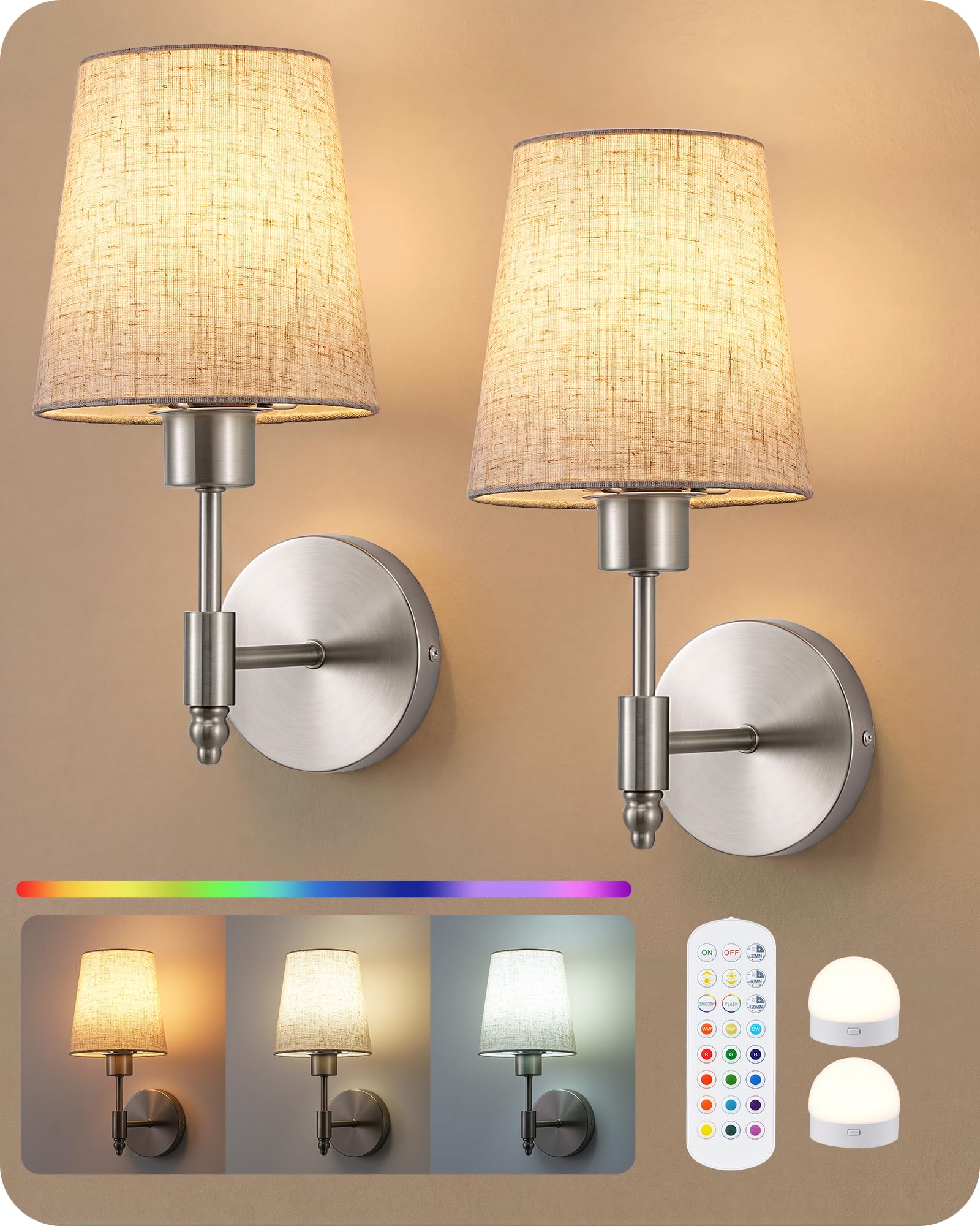 EDISHINE Aplique de Pared Inalámbrica con Control Remoto, 12 Colores RGB | Juego de 2 Lámparas de Pared Recargables, LED Magnéticas regulables, 3000-6500K, Temporizador, para Dormitorio, Escalera