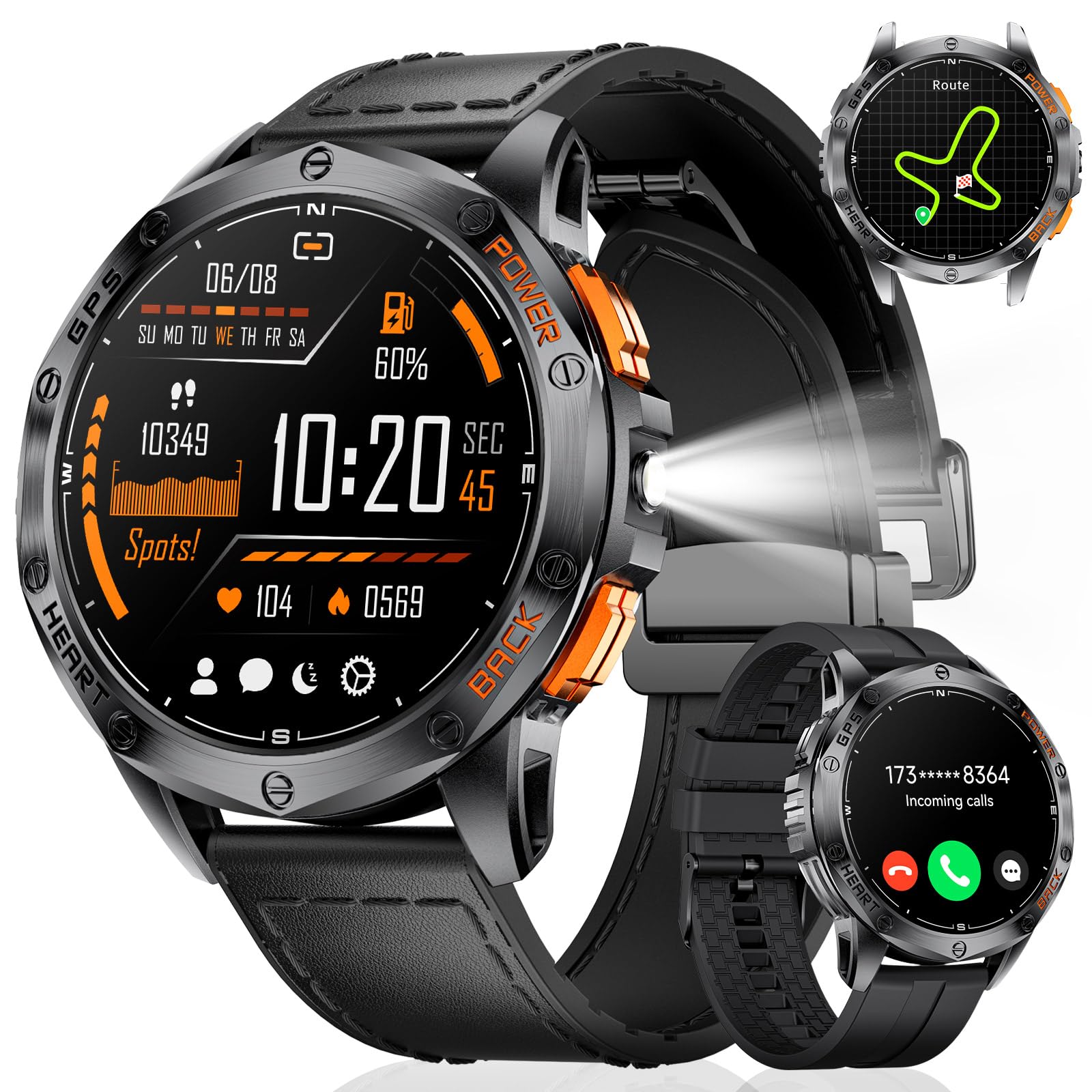 Montre Connectée pour Hommes avec GPS Intégré, Lampe de Poche,10ATM Étanche, 600mAh 30 Jours Grande Batterie Fitness Smartwatch 110+ Modes Sportifs 24/7 Surveillance de la Santé pour iOS Android