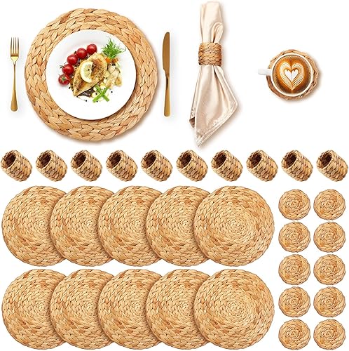 Ziliny Juego de 10 platos redondos tejidos, hechos a mano de 11.8 pulgadas, cargadores de placa de ratán de jacinto de agua, posavasos y