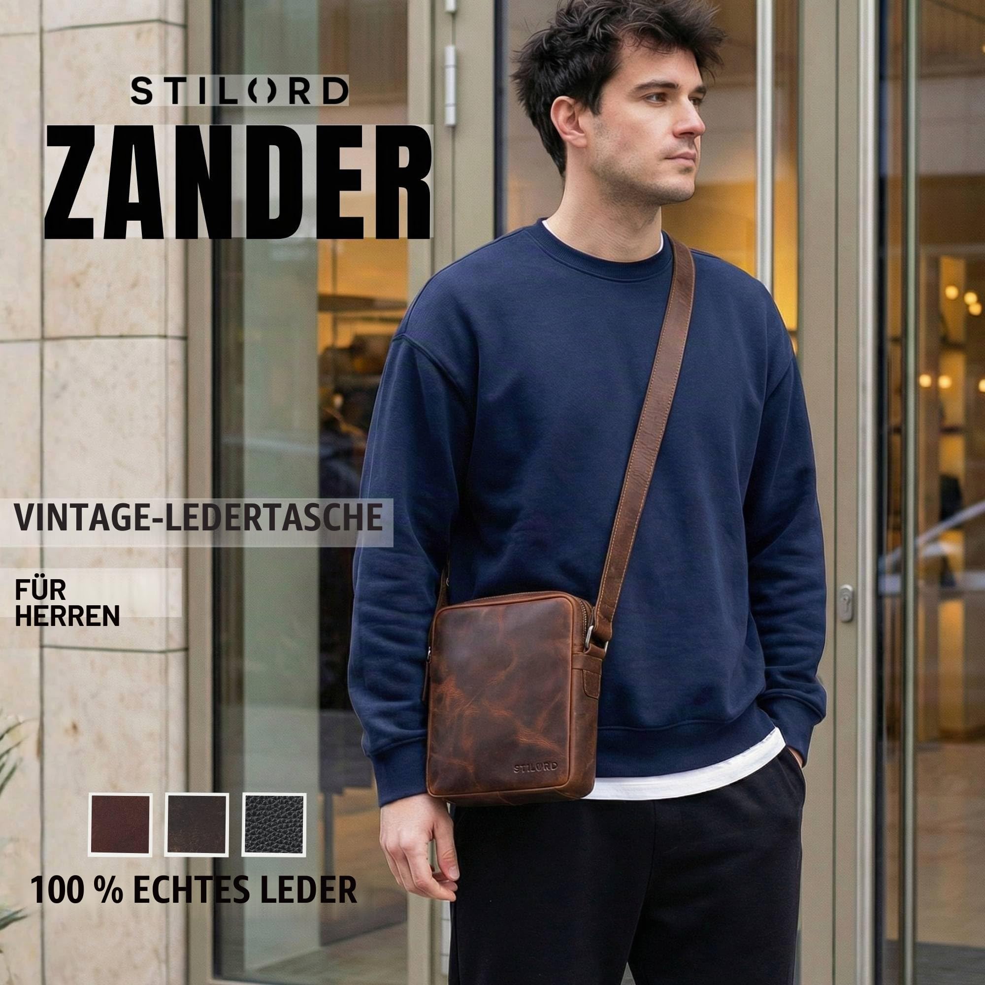 STILORD "Zander Kleine Leder Umhängetasche Herren Schultertasche Echt Leder-Tasche - Crossbody Bag Herrentasche zum Umhängen Messenger Bag Männerhandtasche für 8” Tablet Farbe:schwarz