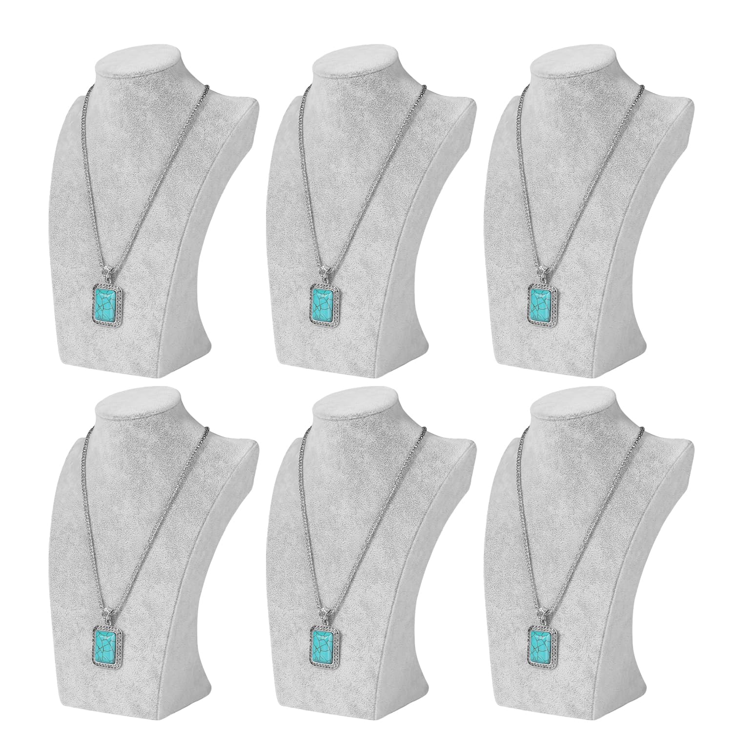 Flexzion Necklace Bust Display Stand (6 Pack) - 10 Inch 3D Mannequin Gray Velvet Necklace Display Holder for Home, Boutique & Trade Shows - Jewelry Display for Selling Necklace, Pendants, Lockets