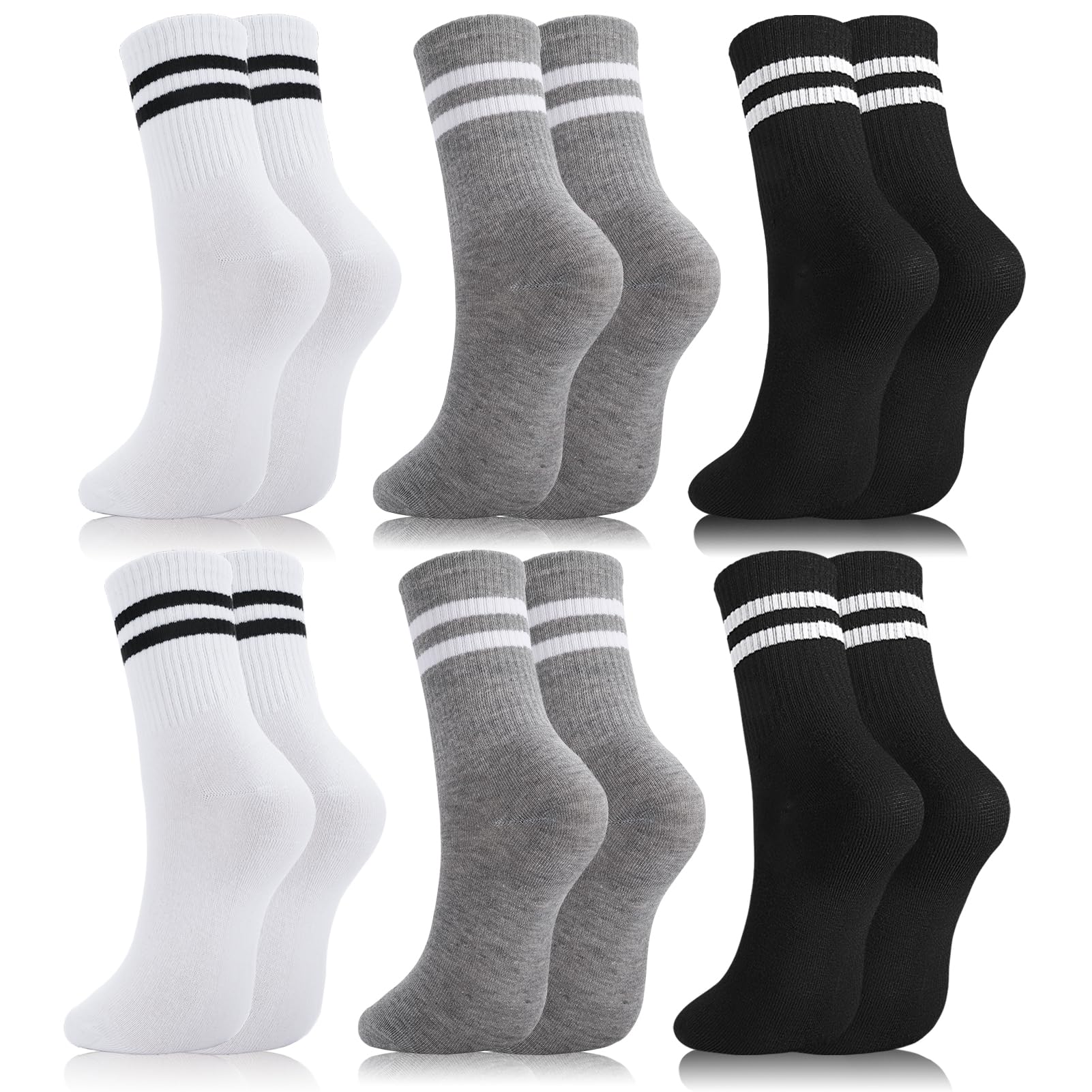 Womens White Crew Socks 6 Pair Striped Trim Casual Crew Socks
