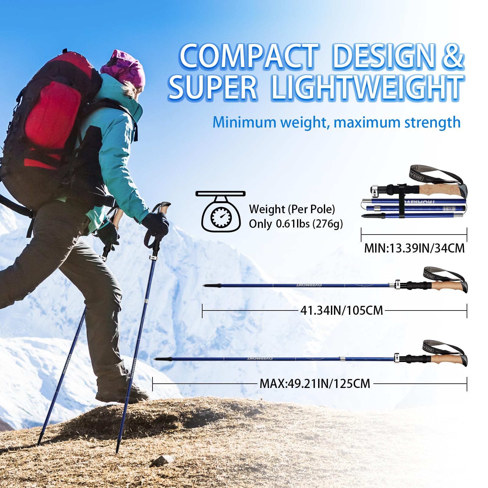 Overmont Bastoni da trekking pieghevoli, in alluminio, ultraleggeri, regolabili, 105-125 cm, bastoncini da trekking, 1 paio con accessori per tutto il terrain