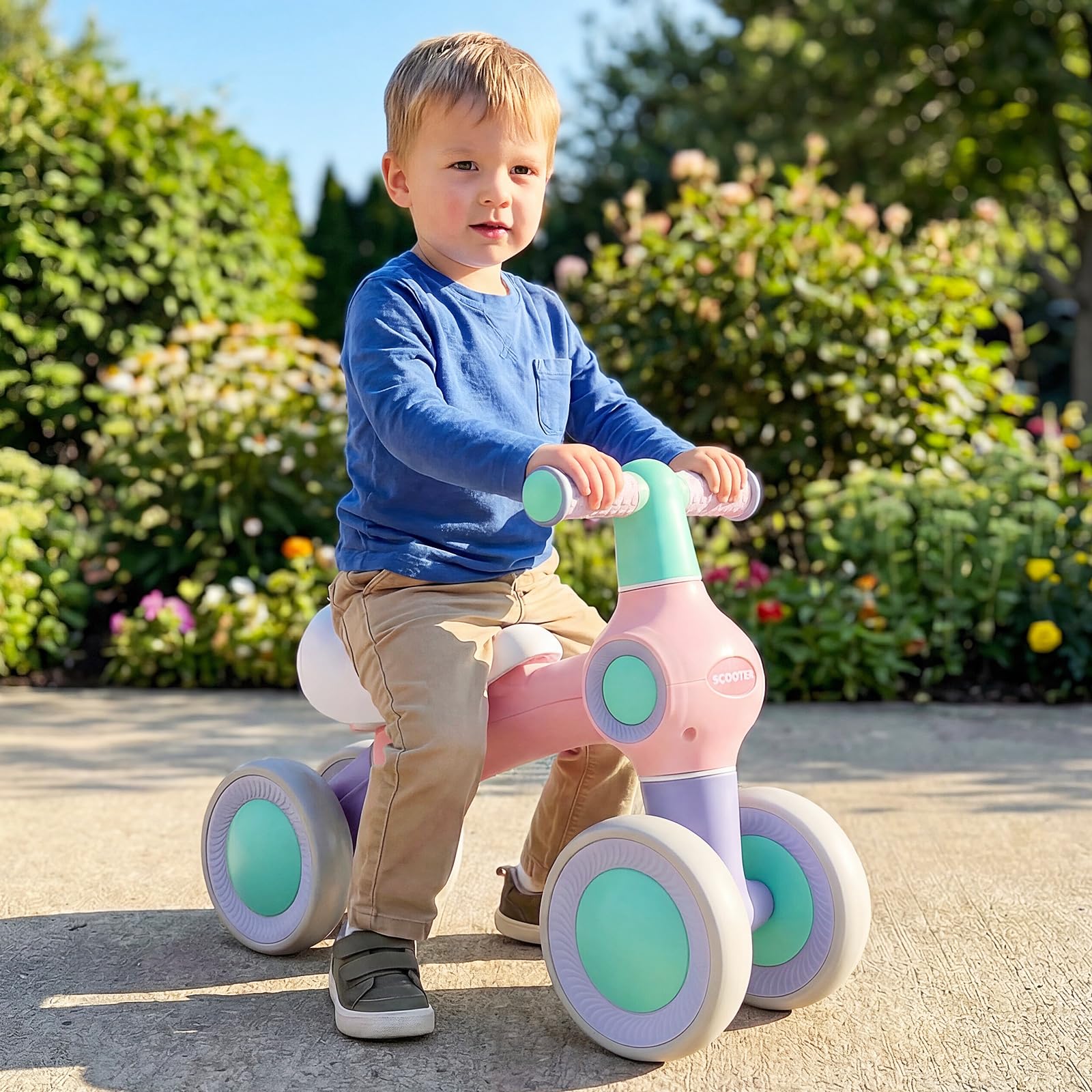 COSTWAY Draisienne Bébé 1 an, Vélo Bébé sans Pédales de 12-36 Mois avec 4 Roues en EVA, Siège Réglable et Guidon, Charge 30 kg, Vélo d'Équilibre pour Garçons Filles, Cadeau Anniversaire Noel