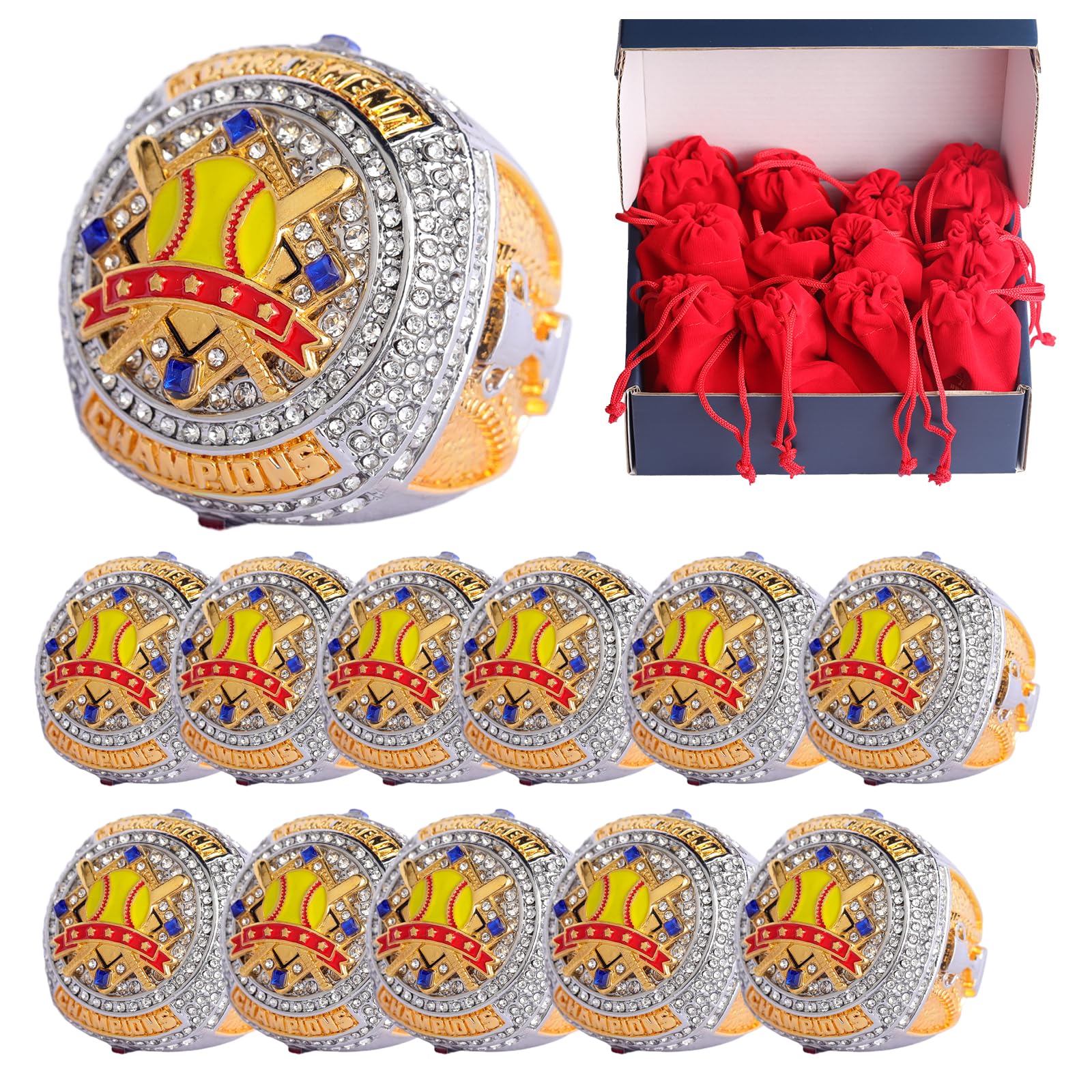 2 pcs Pack or 12 pcs Pack Softball Championship Trophy Ring Award Gift for Tournament Champion Team palyers Awards Trophy on Side Size 9.5