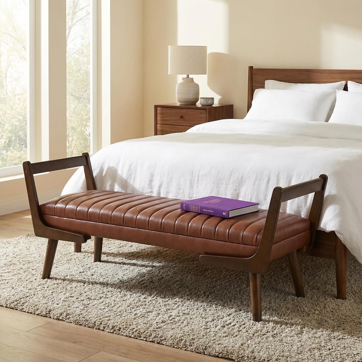 52'' Bed Bench Ottoman with PU Leather Upholstery & Water-Resistant Finish, Entryway Bench with Solid Wood Frame & High-Density Foam for Bedroom, Living Room