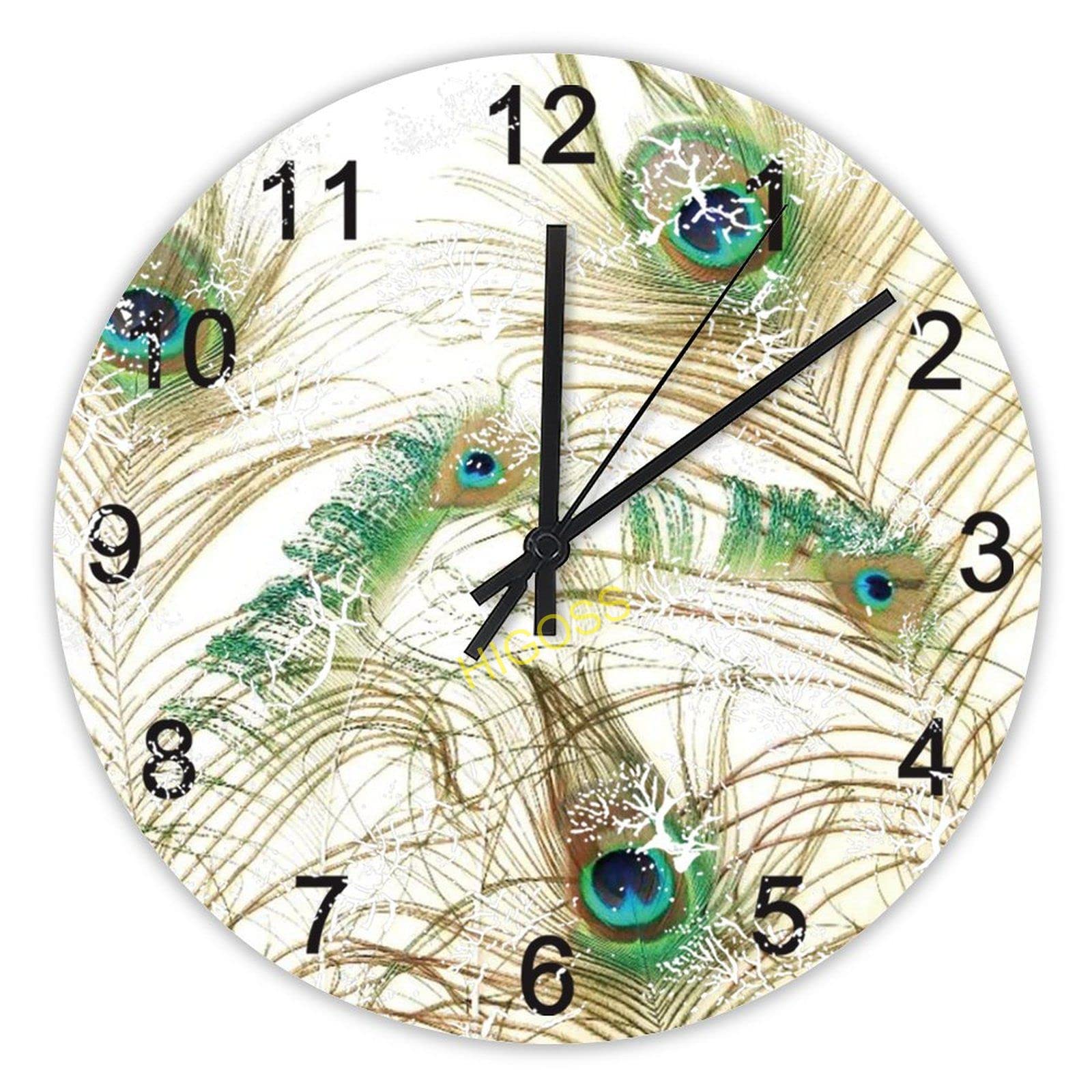Horloge murale ronde silencieuse en bois décoration rustique paon pour maison
