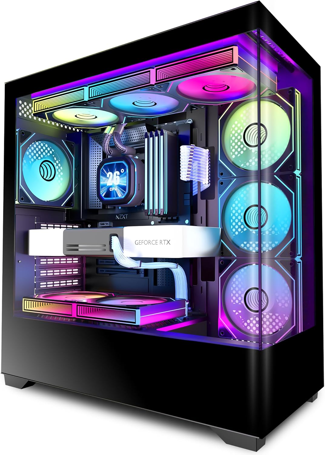 KEDIERS PC Case ATX 7 PWM ARGB Ventilateurs préinstallés, Type-C Mid Tower Ordinateur avec double vue en verre trempé, boîtier de jeu PC, noir, P4