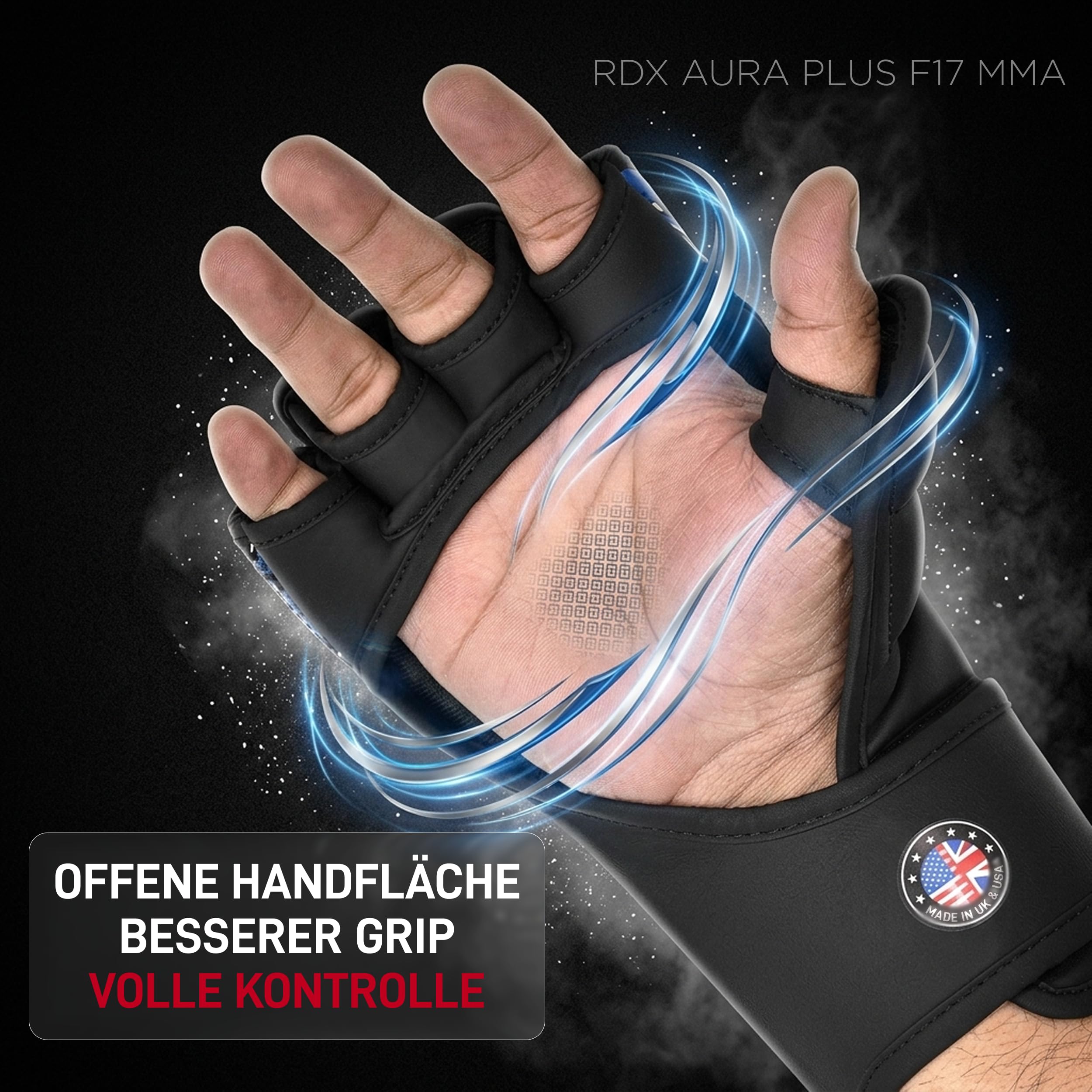 RDX Aura Plus F17 MMA Handschuhe für Herren und Damen, Grappling Handschuhe mit offener Handfläche, Sparring Handschuhe für MMA, Bodenkampf und Grifftechniken, Stoßdämpfende Polsterung, MMA Gloves
