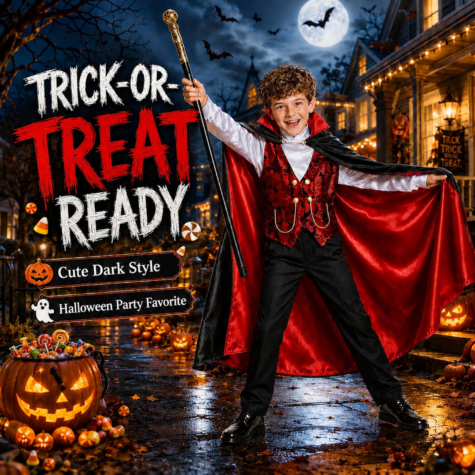 Kostium Wampira dla Chłopców 3 4 5 6 7 8 Lat, Halloween strój do gry roli 3-5 5-8, prezent Halloween z płaszczem, kamizelką, spodniami i berłem, Mały