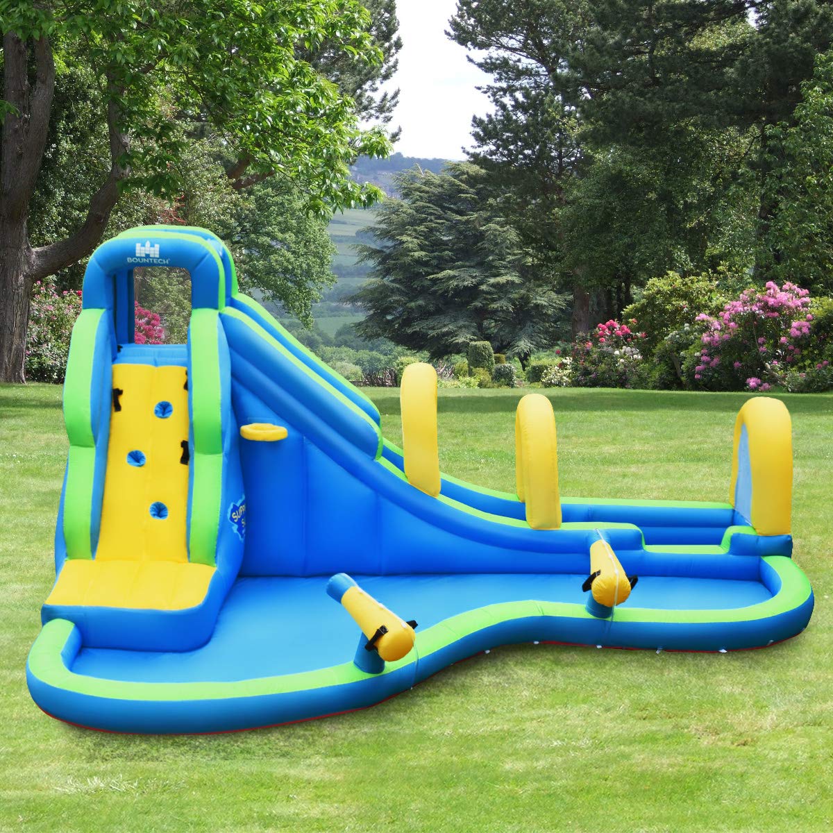 COSTWAY Hüpfburg Wasserrutsche Spielpool Aufblasbare, Wasserspielcenter mit Rutsche, Wasserpark aufblasbar, Planschbecken 478x366x242cm (Hüpfburg mit Gebläse)