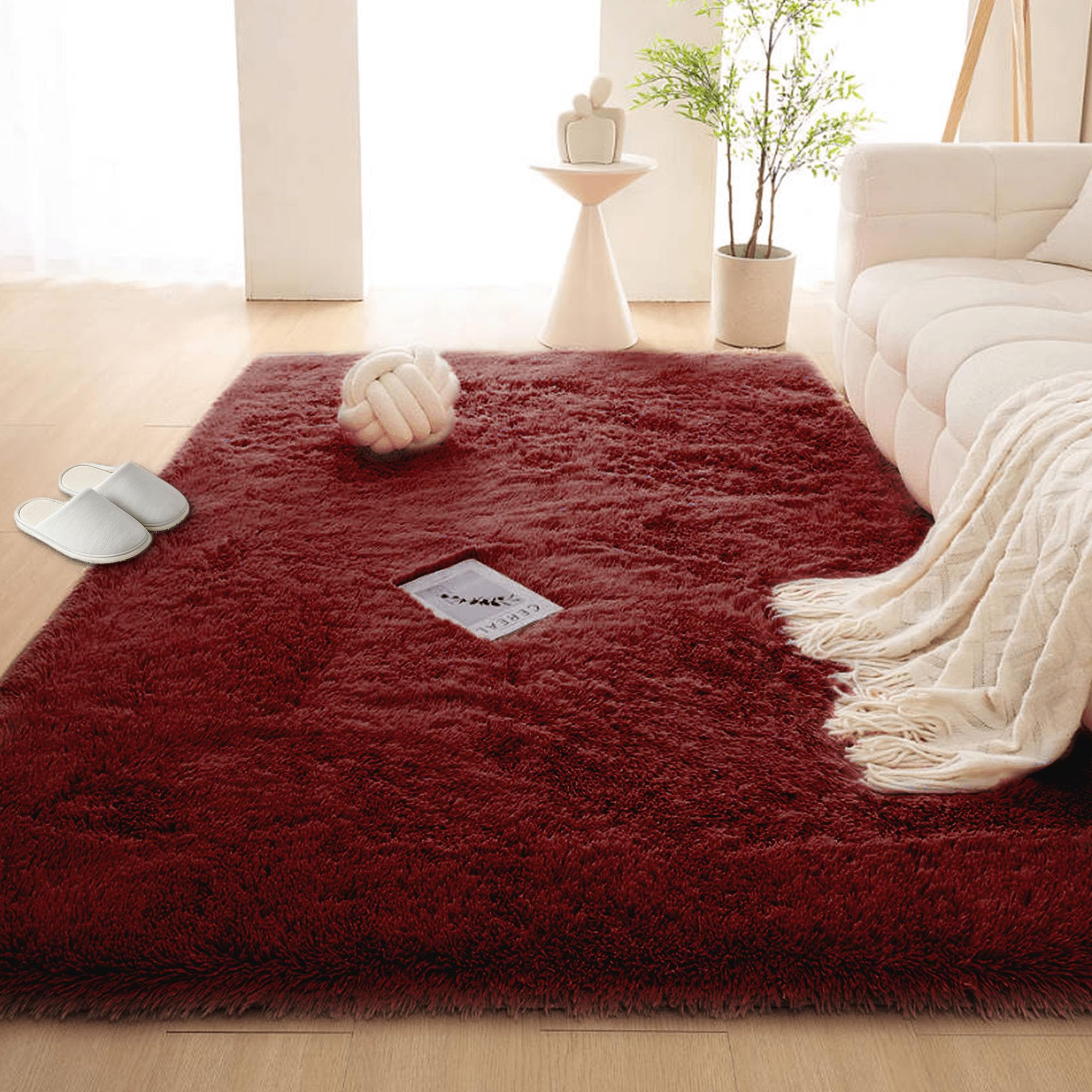 Tapis de salon moelleux pour chambres d'enfant et canapé couleur vin rouge