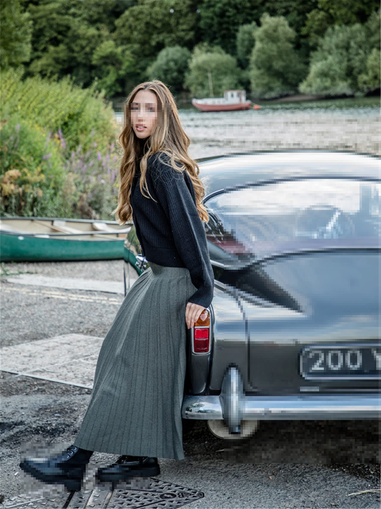 Alloaone Damskie spódnice maxi damska sukienka z dzianiny jednolity kolor spódnica dziewiarska plus size damska plisowana spódnica midi, a, XL