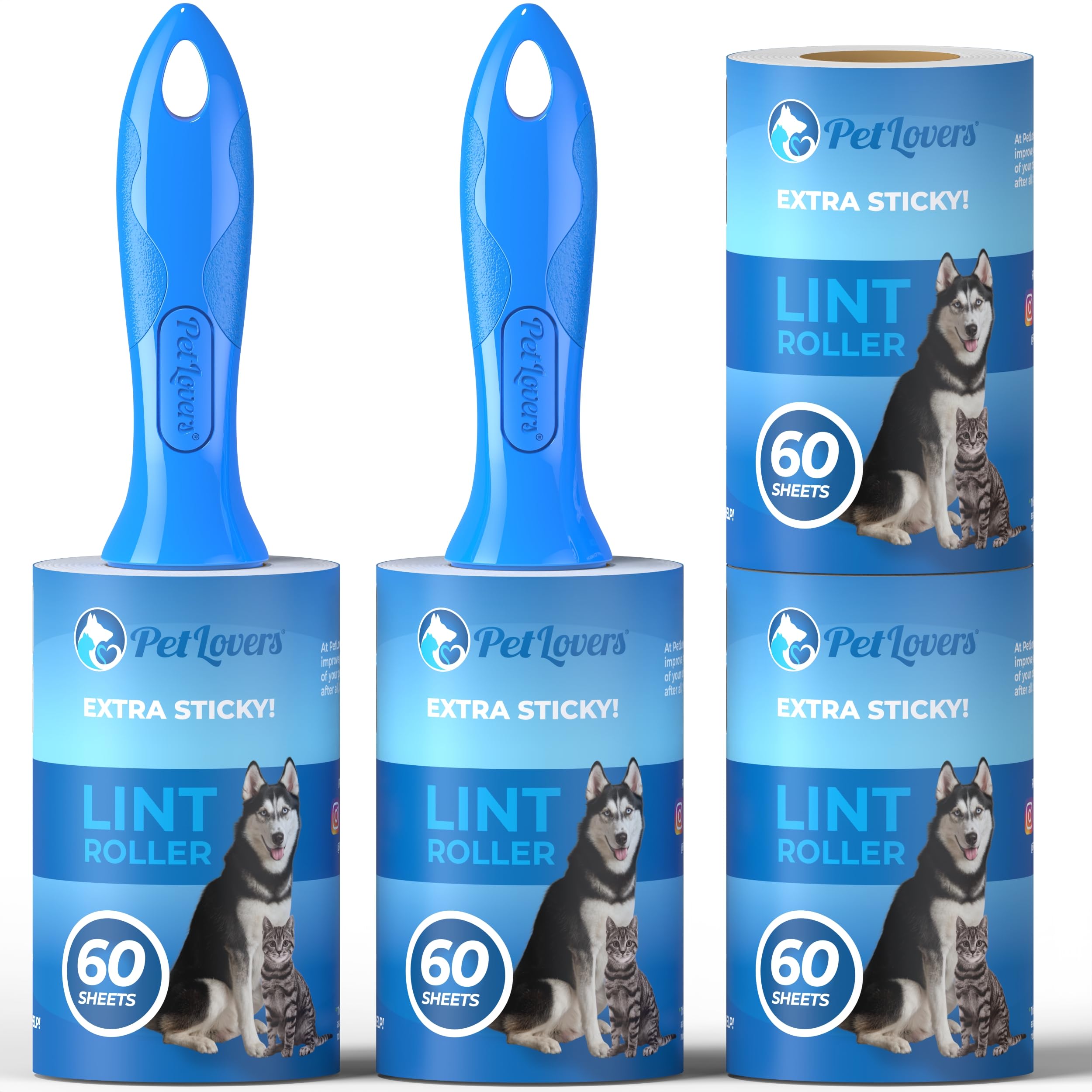 PetLovers Set di 240 fogli di rullo extra appiccicoso per la rimozione dei peli di animali domestici, rimozione pelucchi di cani e gatti, confezione da 4 (2 rulli, 2 ricariche)
