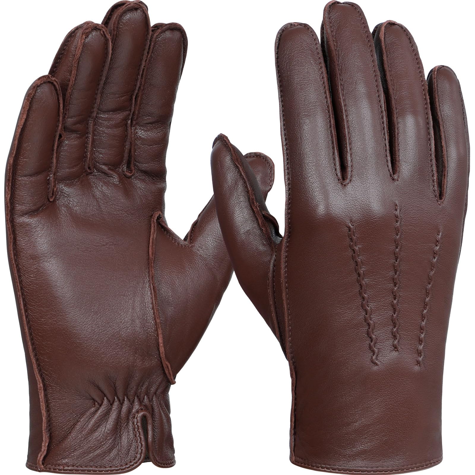 GSG SINCE 1998 Guantes Piel Hombre de Cuero Marrón Castaña L | Piel de Oveja Sin Cromo, Compatibles con Pantalla Táctil, Forro lana de cordero, Guantes de Invierno para Conducir