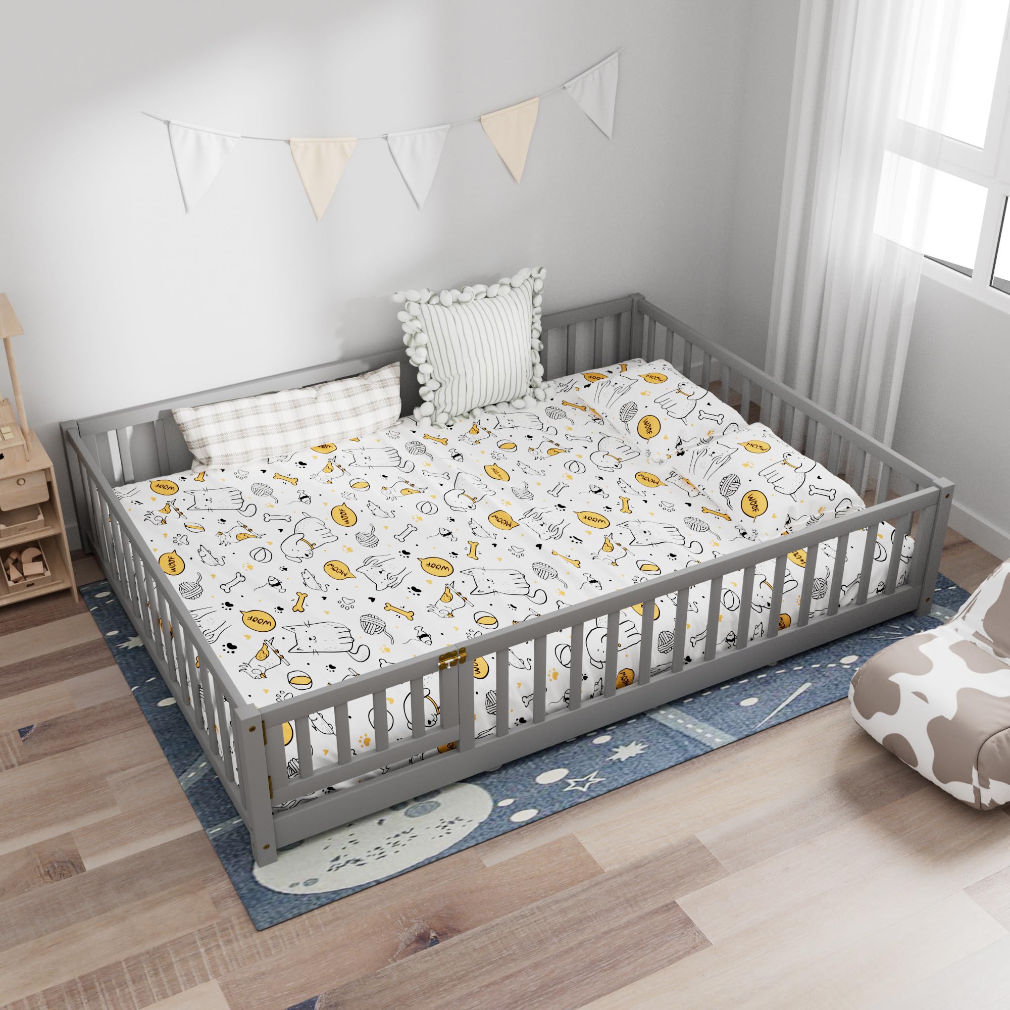 i-POOK Queen Floor Bed for Children, Sturdy Wood Montessori Bed Frame with Wood Slats, Fence & Door, Montessori Floor Bed for Girls and Boys, Gray