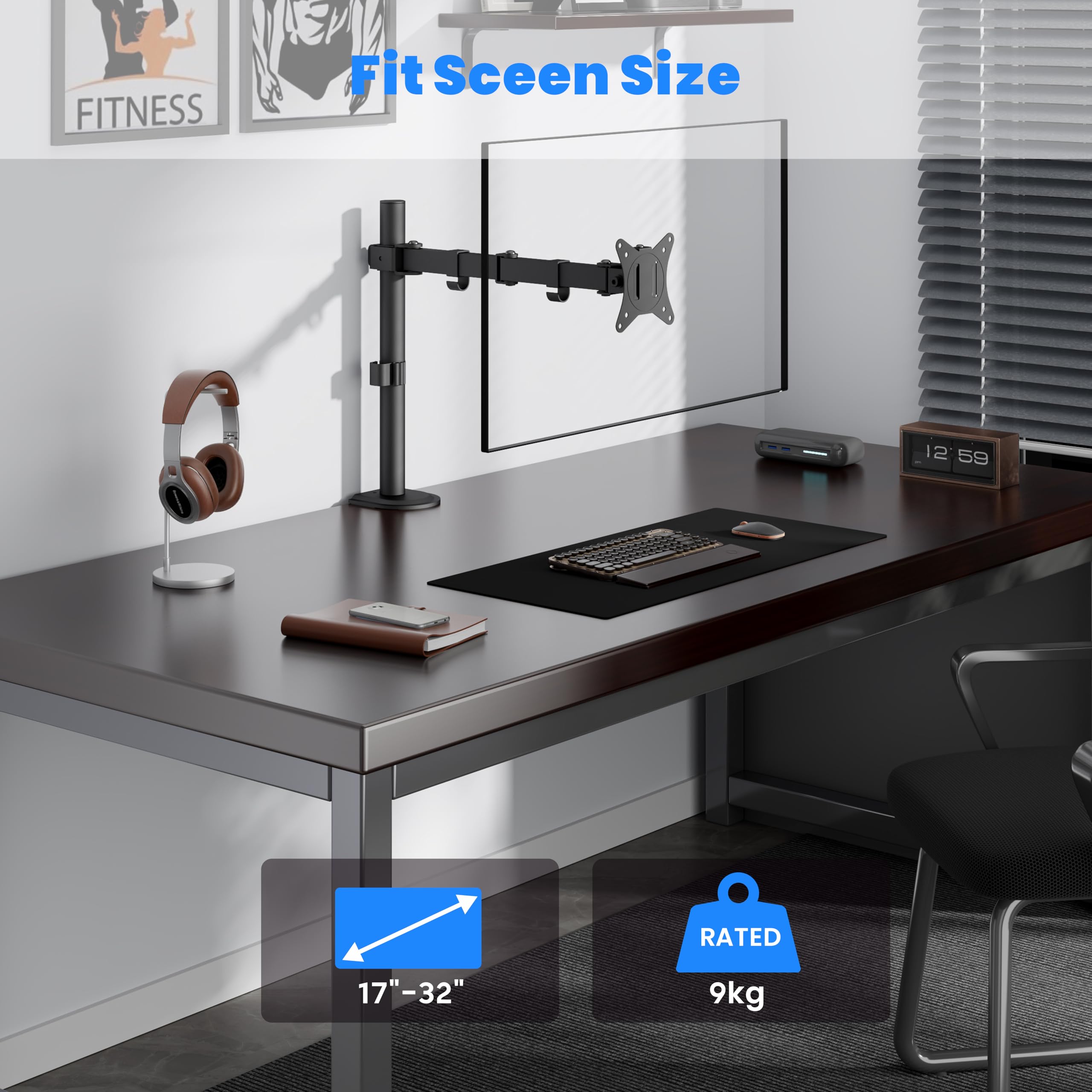 PureMounts supporto per monitor, per 1 schermo, 17 a 32 pollici, regolabile in altezza, inclinabile di +45°/-45°, orientabile con braccio girevole di 90°/-90°, VESA 100, supporto da tavolo, nero