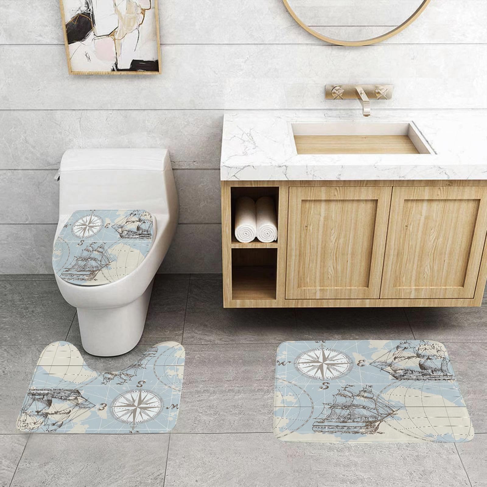 Set di 3 tappetini da Bagno, Lavabili in Lavatrice e Antiscivolo, in Morbida Fibra Superfine, con Motivo a Cuciture Marine e antichi Simboli nautici: Bussola e Nave.