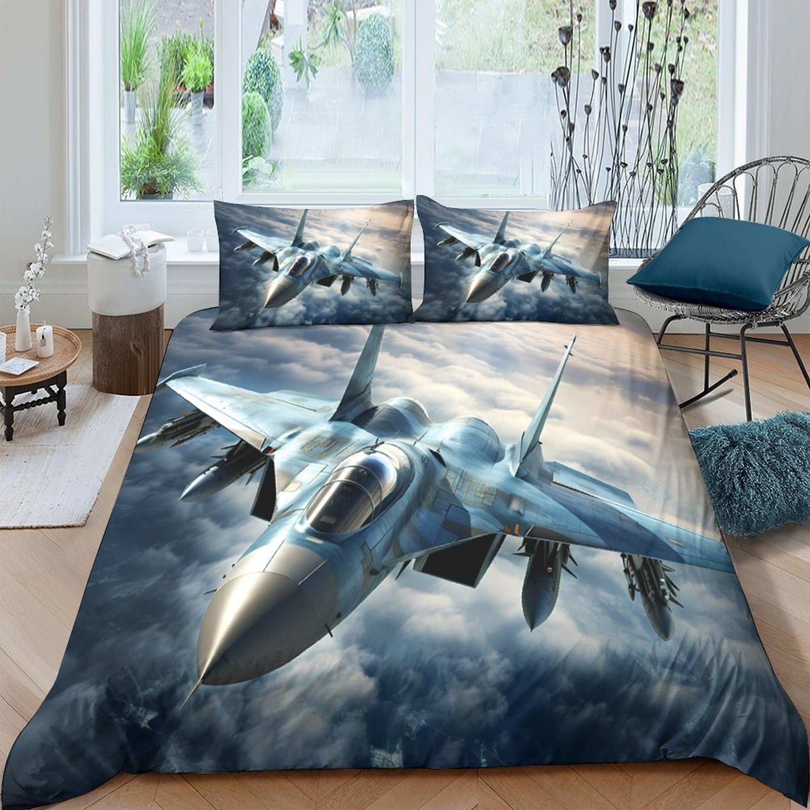 Ctjqhvkz Style-3 3D Printed Fighter Jet Fitted Sheet Microfiber Soft Breathable Cloud Sky Bed Cover For Bedroom Dorm Mattress Decor Single（135X200cm）