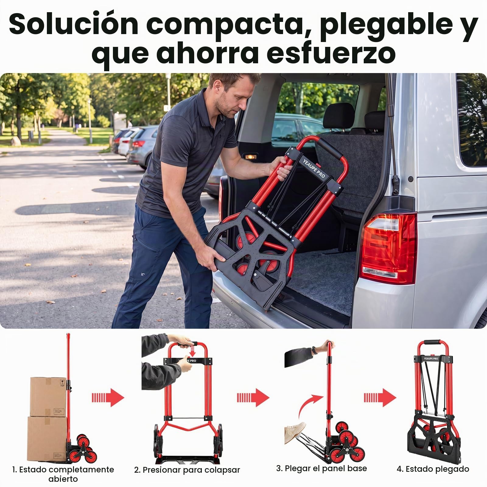 YEAUPE PRO Carretilla de Mano Plegable Escaleras 50 kg Rojo | Ruedas TPR grandes, mango telescópico regulable y 2 cuerdas incluidas para subir escaleras, mudanzas y transporte