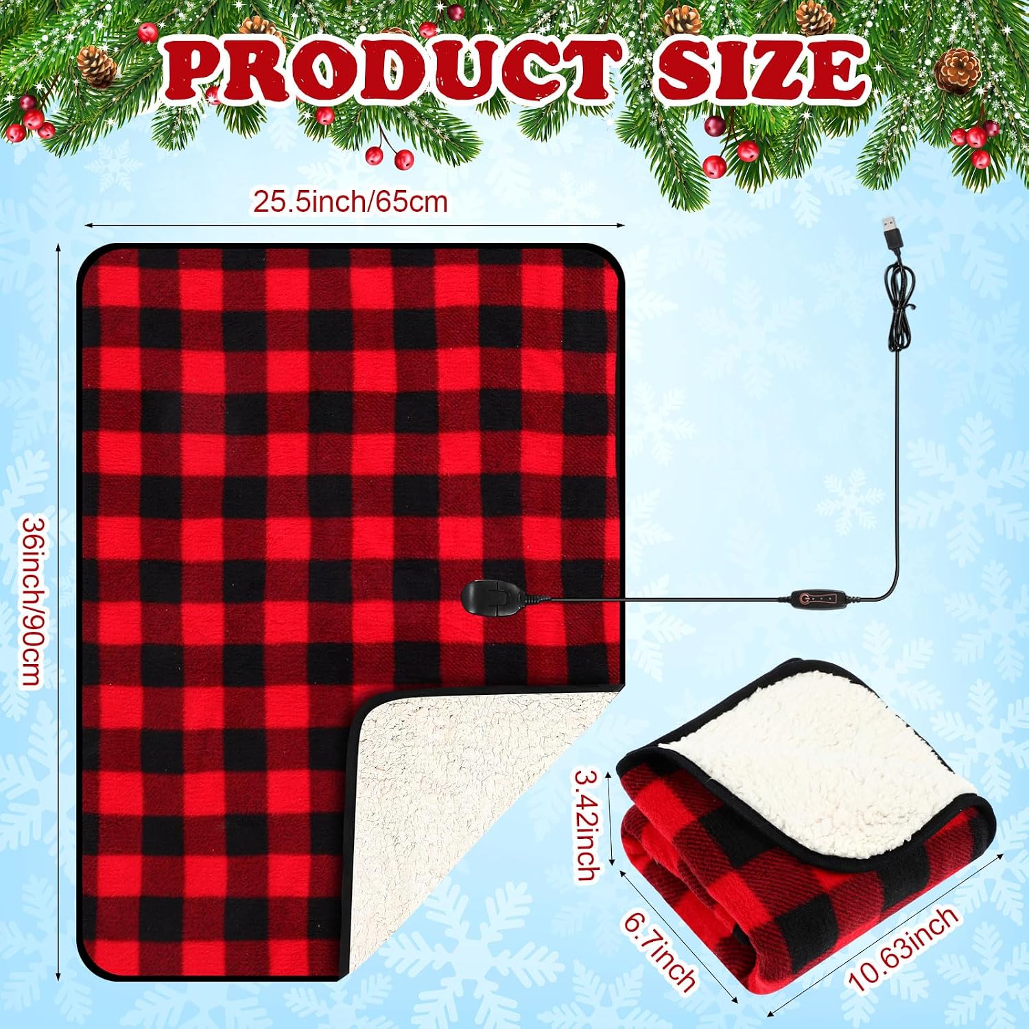 2 Pcs USB Heated Blanket 25"x35", 5v, Single Red and Black Plaid | 3 Setting Electric Blanket with Timer and Temperature Controller, Winter Wearable Recharge Throw for Travel Home