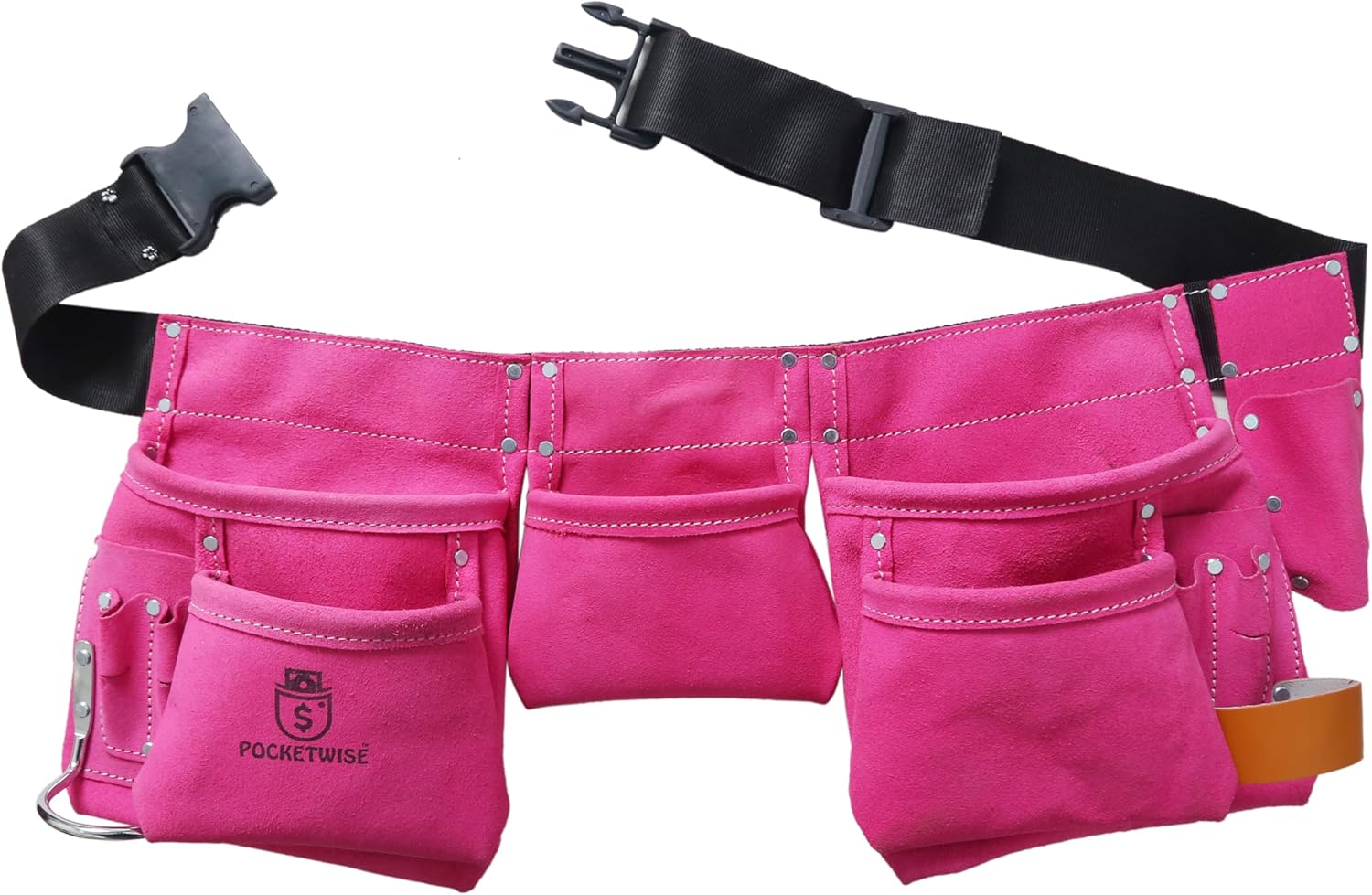 POCKETWISE Women's Tool Belt, 11 Pockets, Pink Leather, Adjustable Work Apron